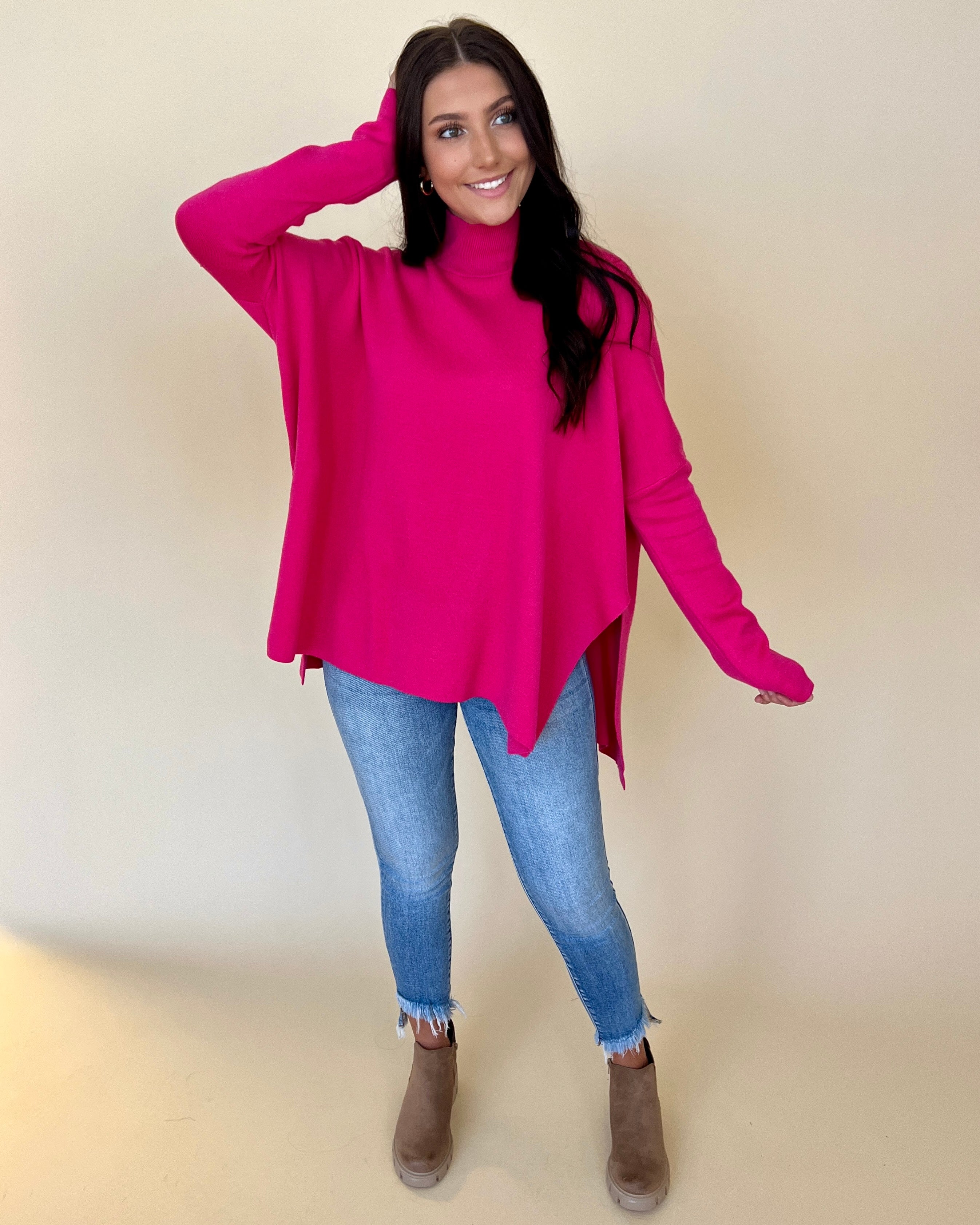 Pour Your Heart Out Hot Pink High Neck Dolman Sweater-Shop-Womens-Boutique-Clothing
