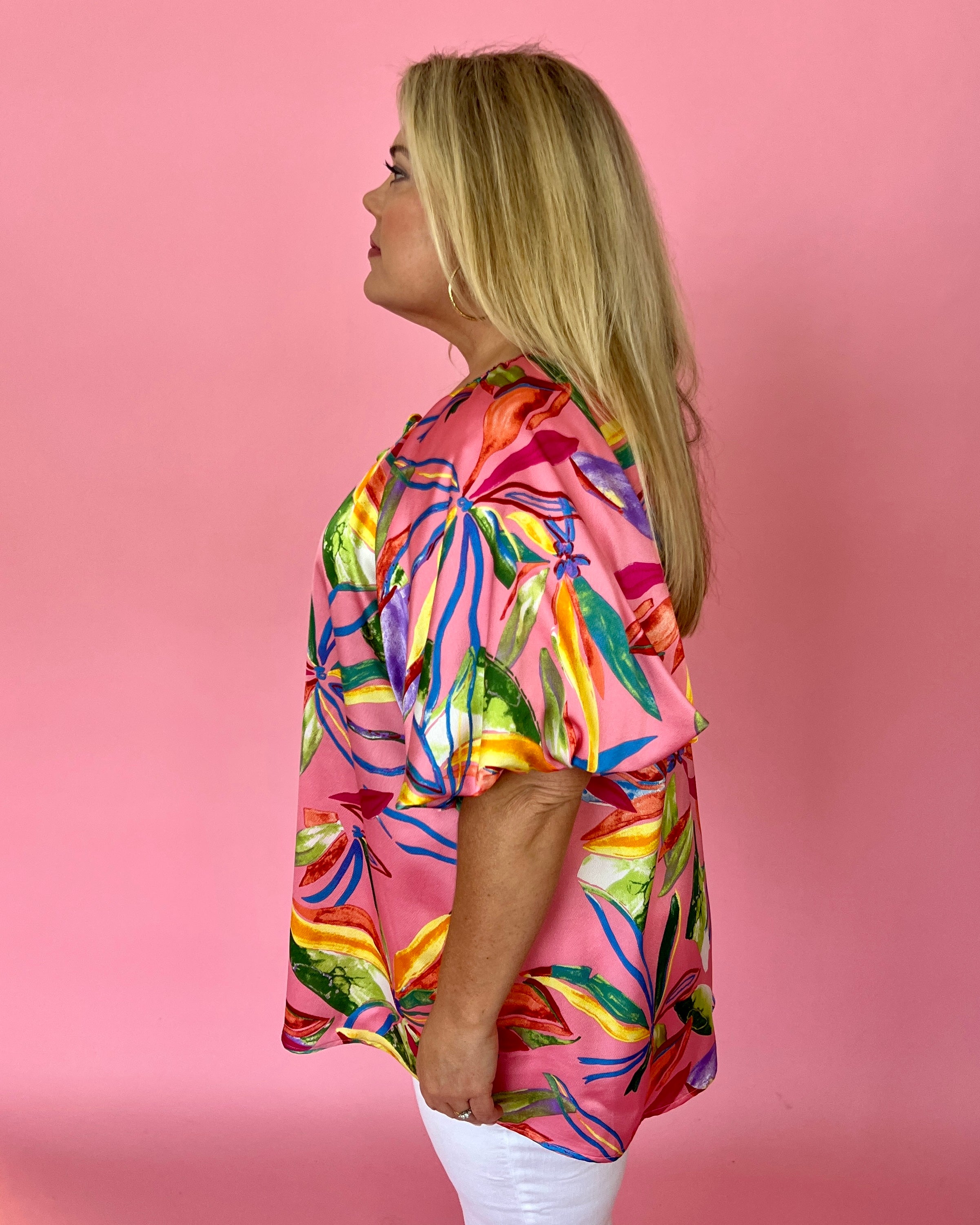 Sitting In The Garden Pink Plus Floral Puff Sleeve Top-Shop-Womens-Boutique-Clothing