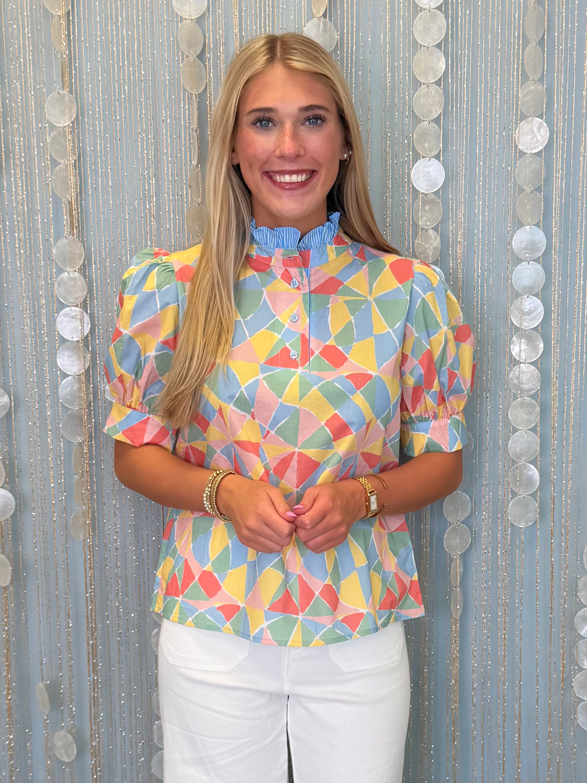 Setting Sail Blue Mix Geometric Print Button Up Top-Shop-Womens-Boutique-Clothing