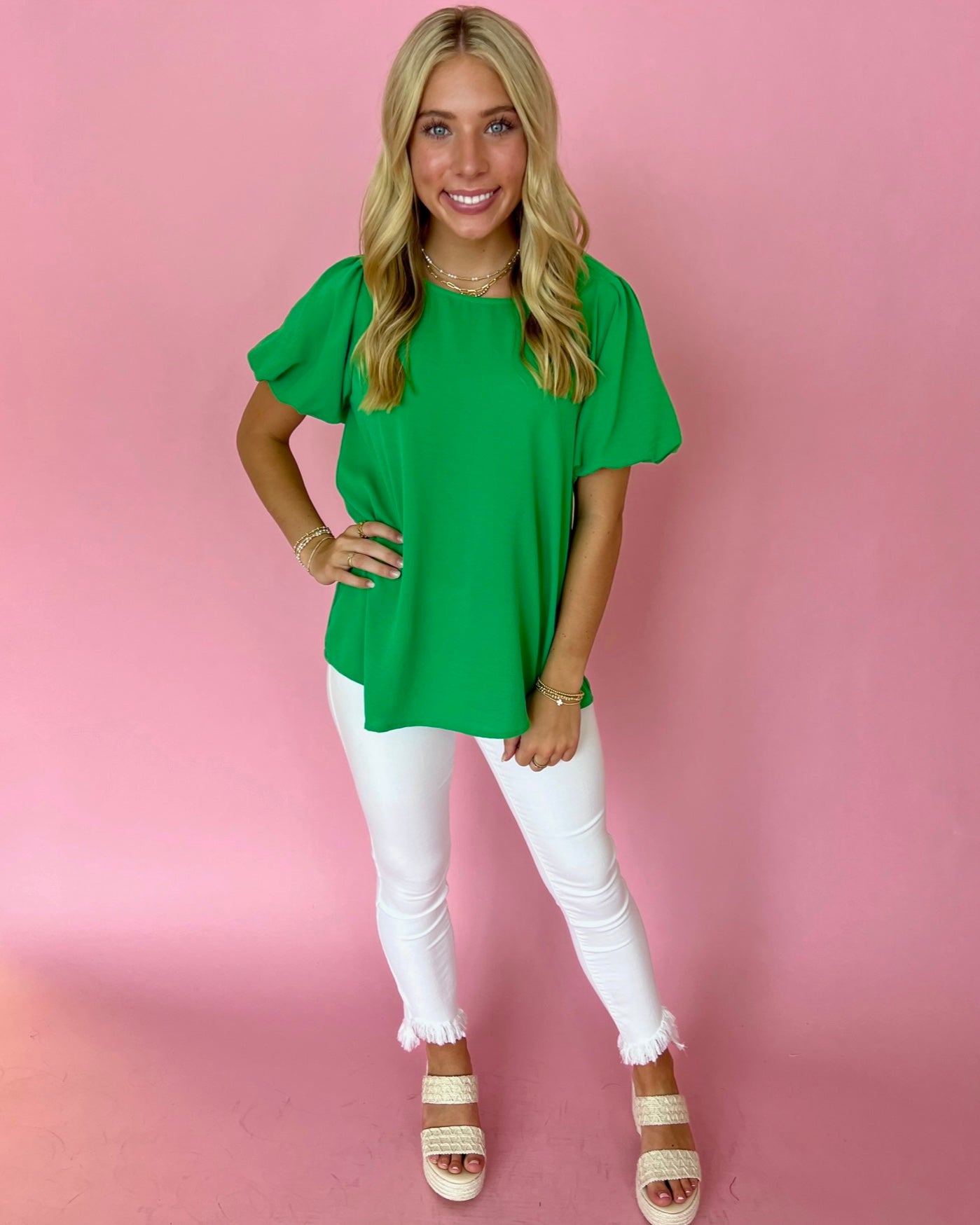 My Dearest Darling Kelly Green Puff Sleeve Round Neck Top-Shop-Womens-Boutique-Clothing