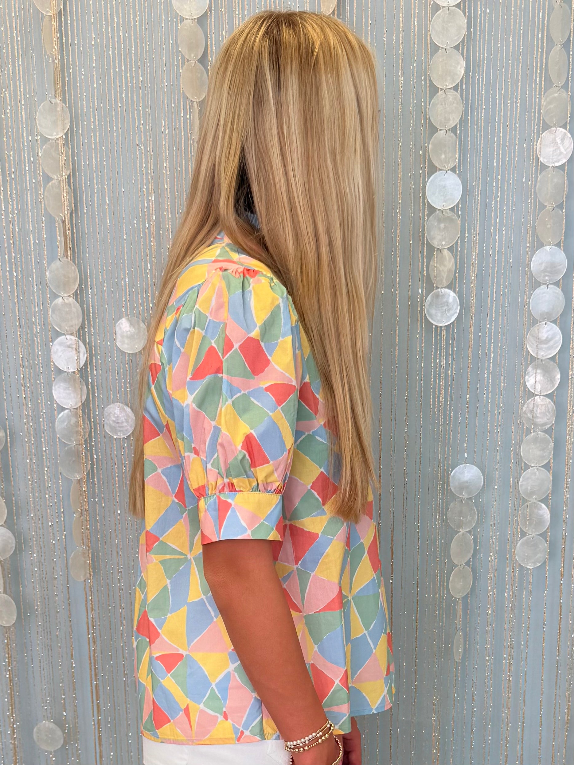 Setting Sail Blue Mix Geometric Print Button Up Top-Shop-Womens-Boutique-Clothing