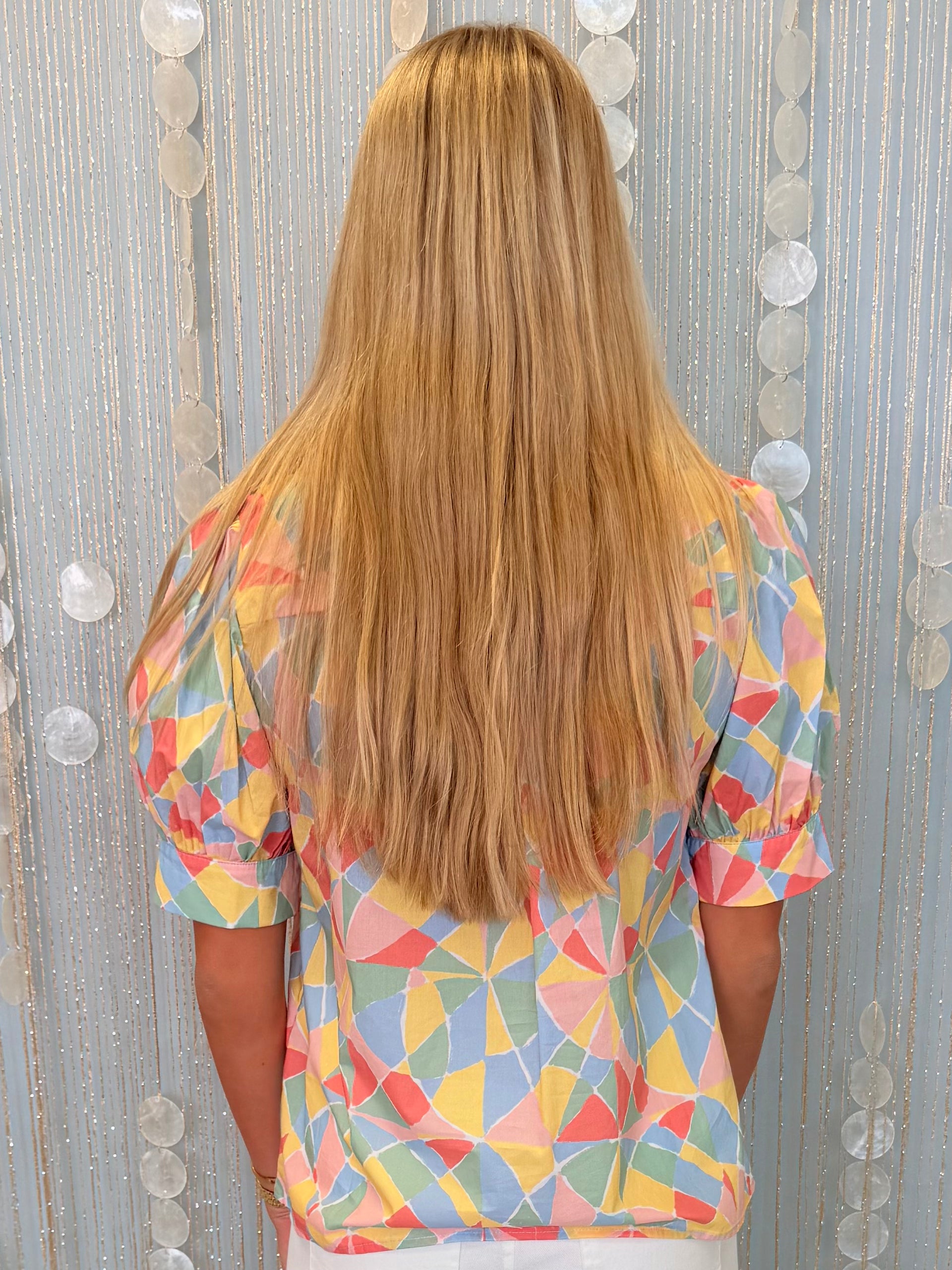 Setting Sail Blue Mix Geometric Print Button Up Top-Shop-Womens-Boutique-Clothing