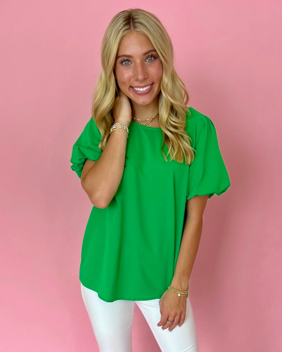 My Dearest Darling Kelly Green Puff Sleeve Round Neck Top-Shop-Womens-Boutique-Clothing