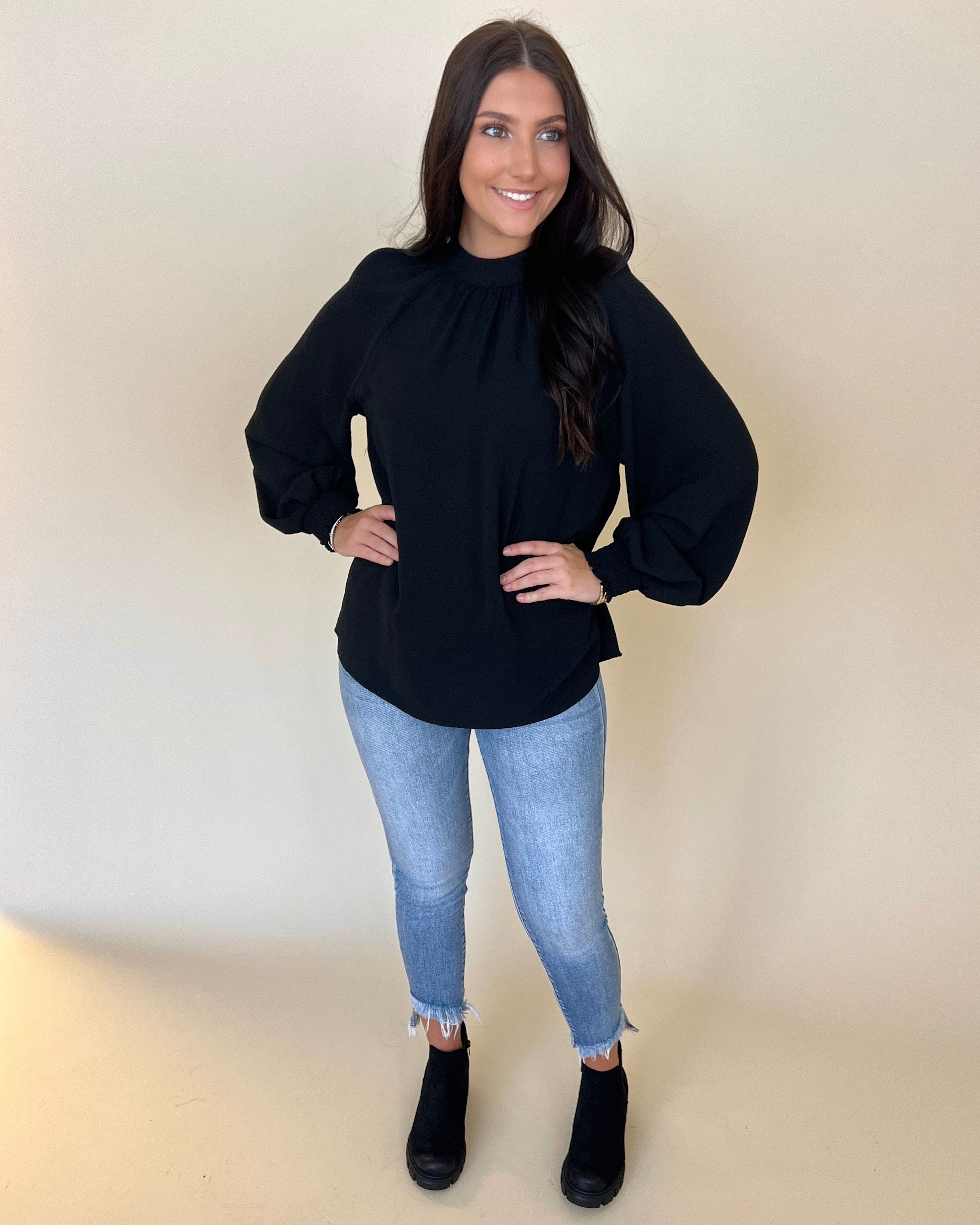 Fine Example Black Smocked Sleeve Top-Shop-Womens-Boutique-Clothing