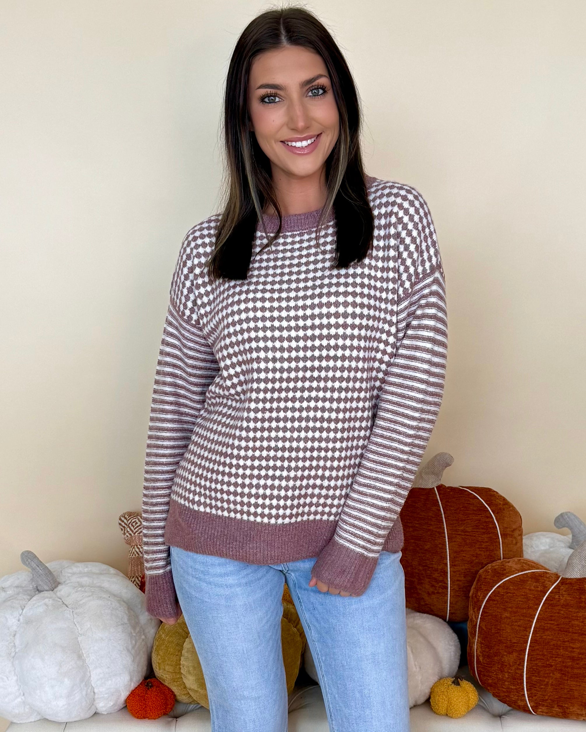 For Good Reason Dark Lavender Checkerboard Sweater-Shop-Womens-Boutique-Clothing