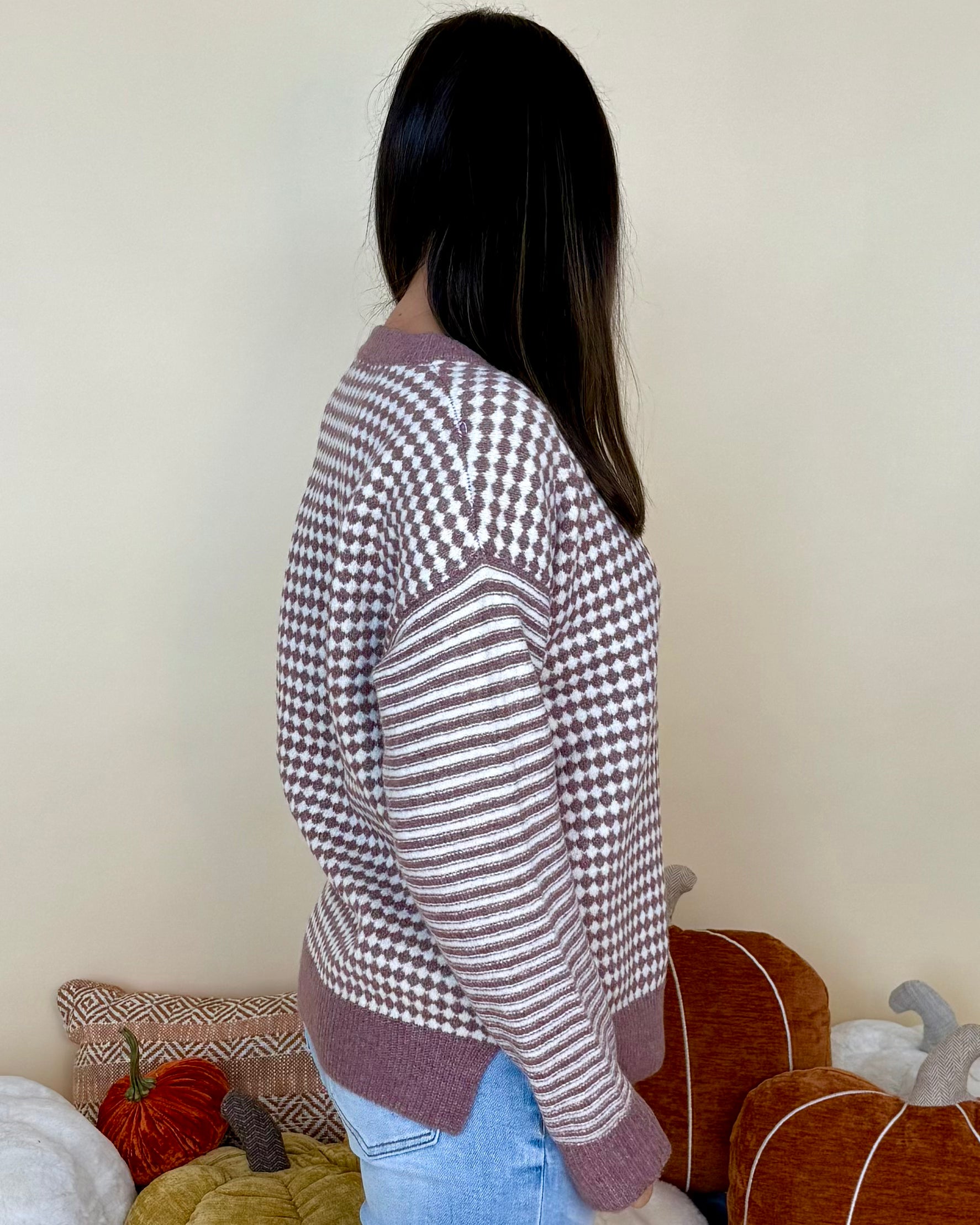 For Good Reason Dark Lavender Checkerboard Sweater-Shop-Womens-Boutique-Clothing