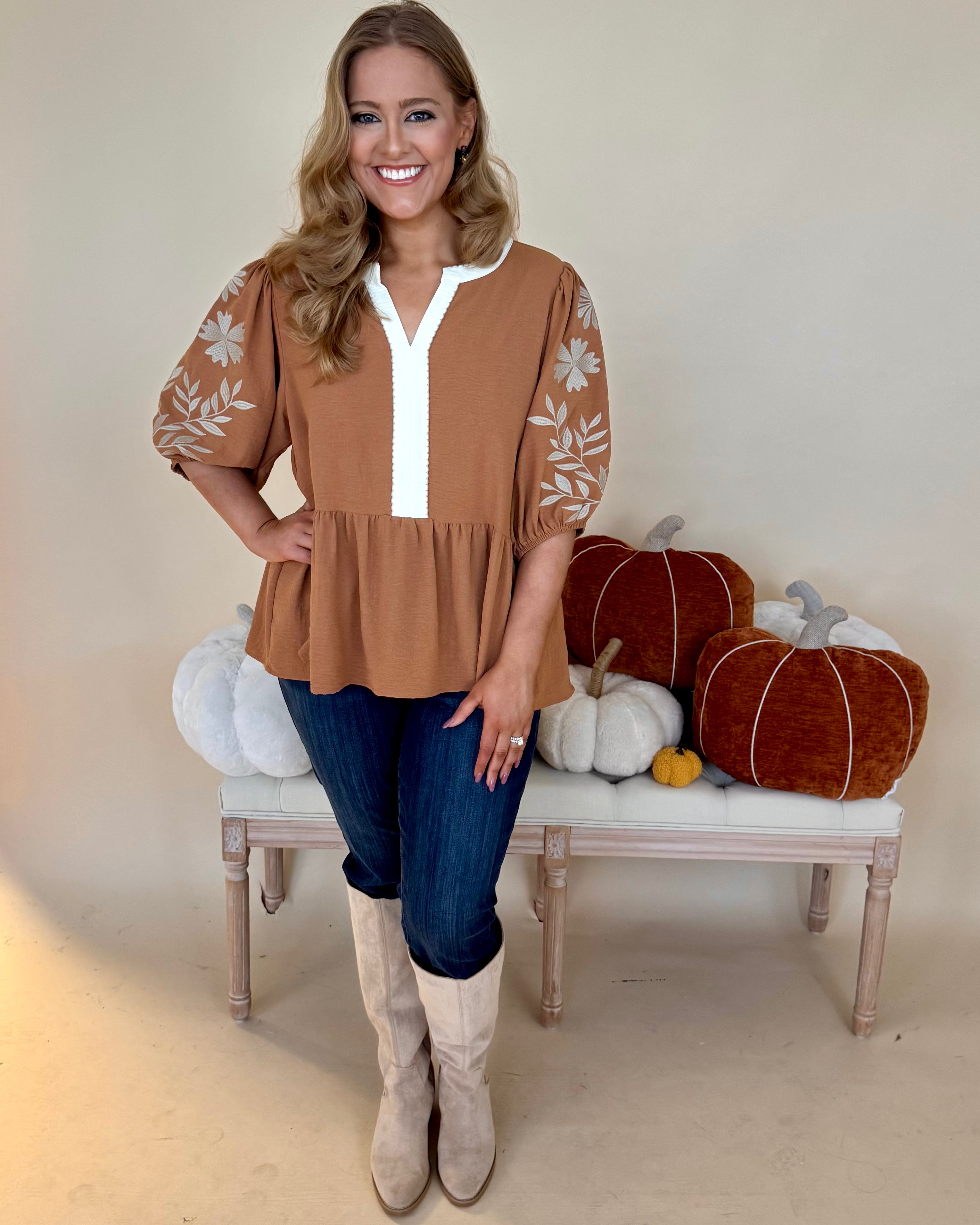 Give My Heart Mocha Plus Embroidered V Neck Top-Shop-Womens-Boutique-Clothing