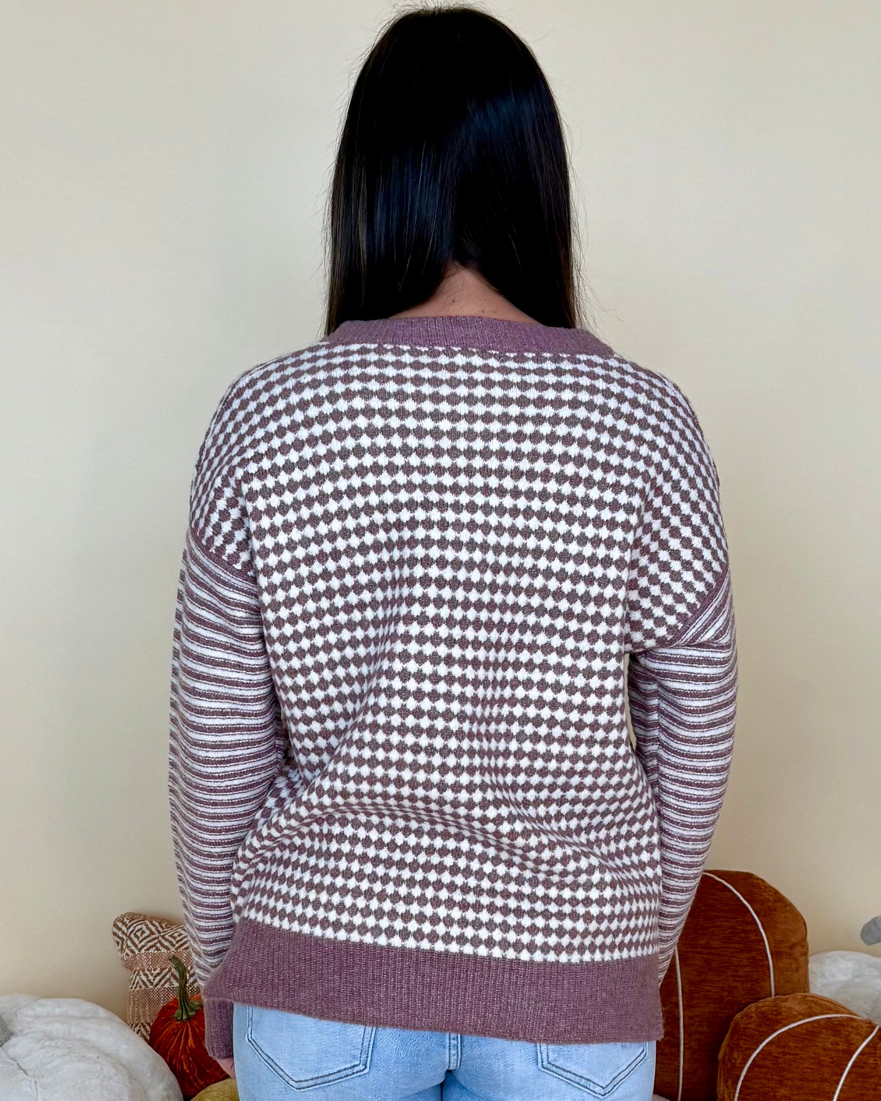 For Good Reason Dark Lavender Checkerboard Sweater-Shop-Womens-Boutique-Clothing