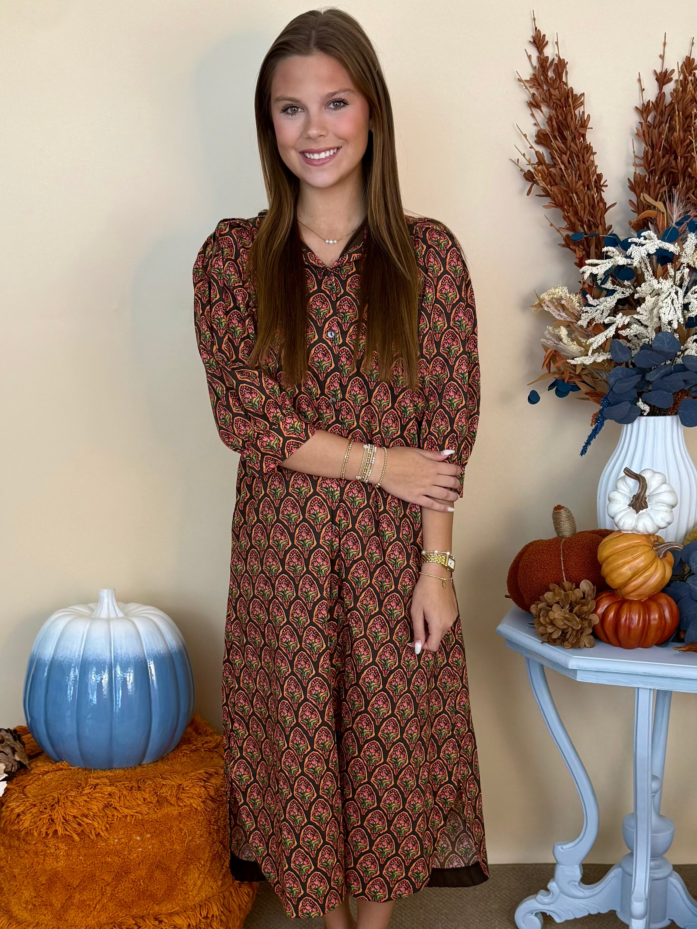 Made You Look Navy Floral 3/4 Puff Sleeve Midi Dress-Shop-Womens-Boutique-Clothing