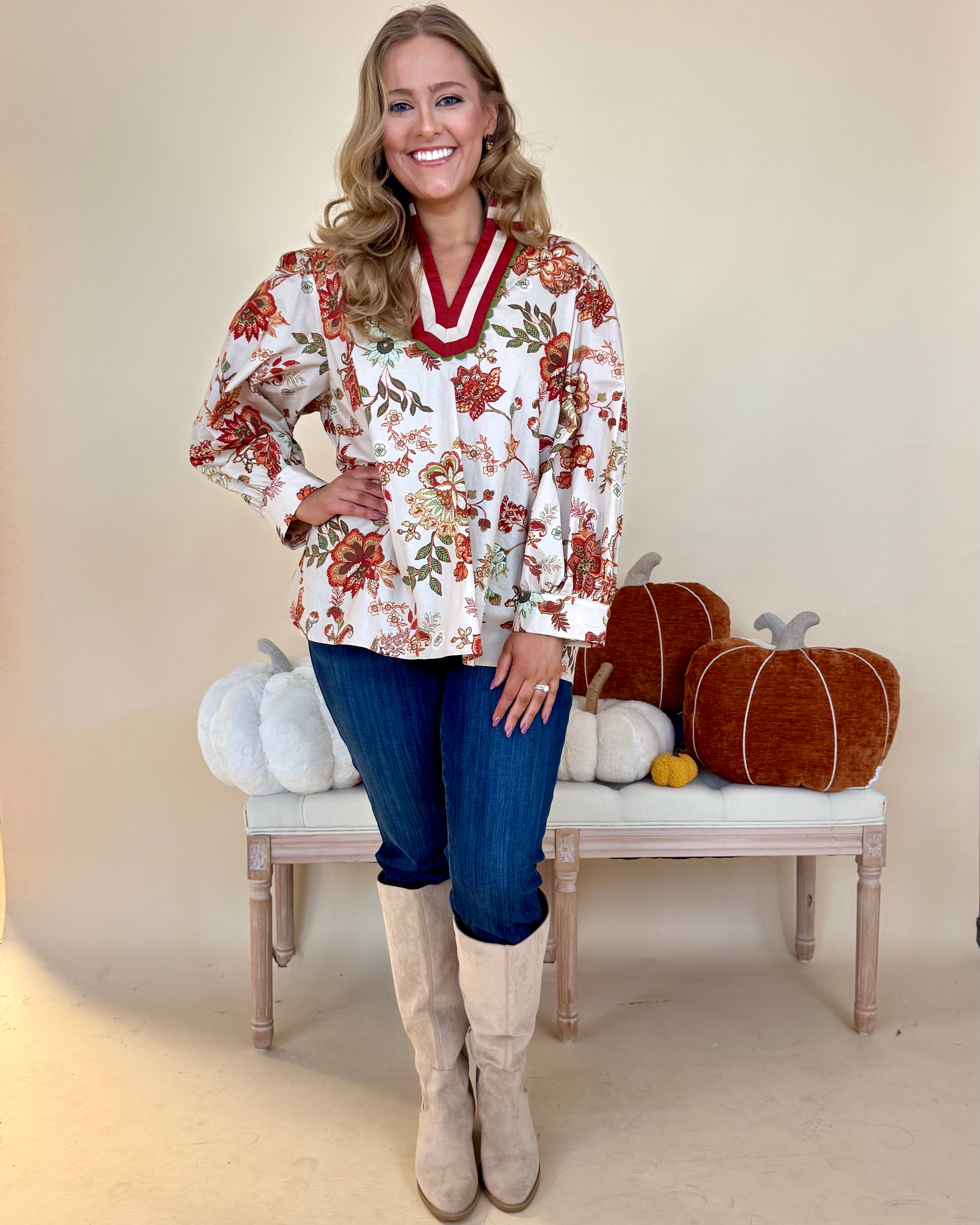 I Believe Ecru Plus Floral V-Neck Top-Shop-Womens-Boutique-Clothing