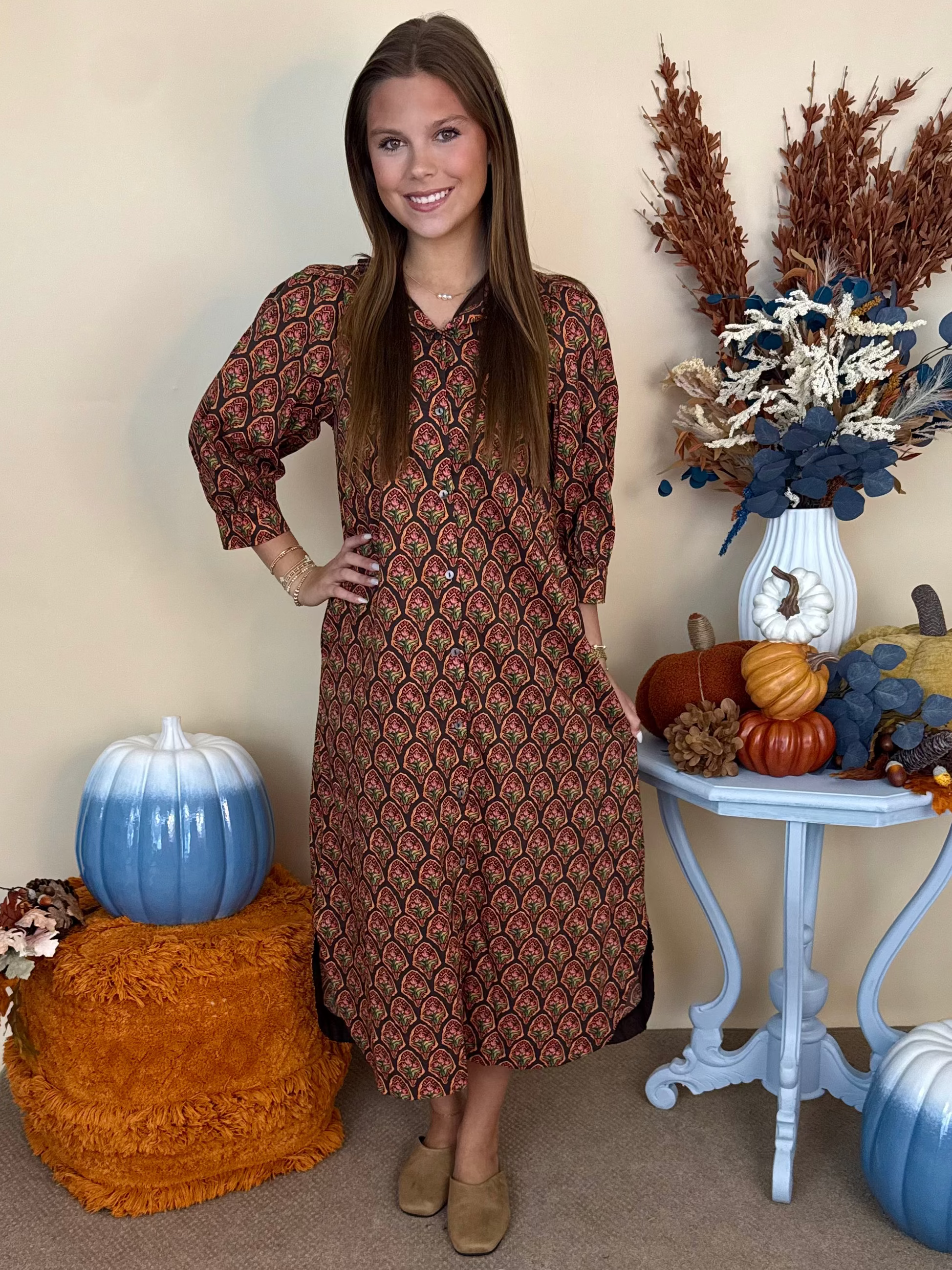 Made You Look Navy Floral 3/4 Puff Sleeve Midi Dress-Shop-Womens-Boutique-Clothing