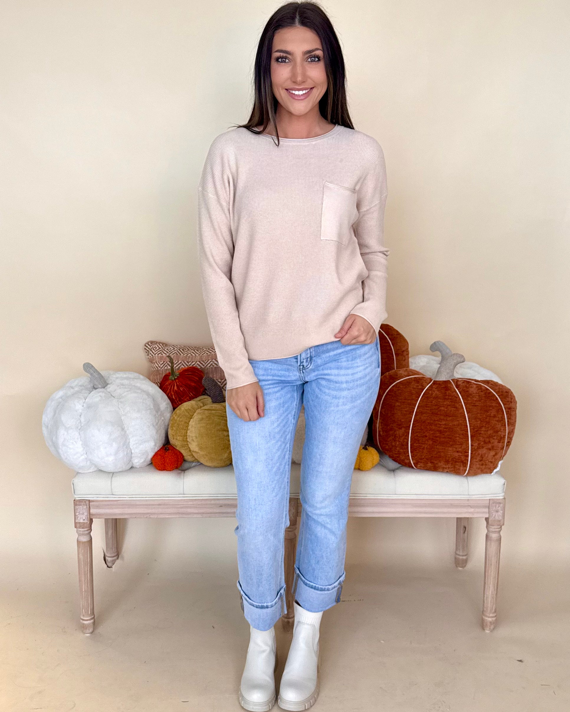 Perfectly Classic Oatmeal Waffle Knit Sweater-Shop-Womens-Boutique-Clothing