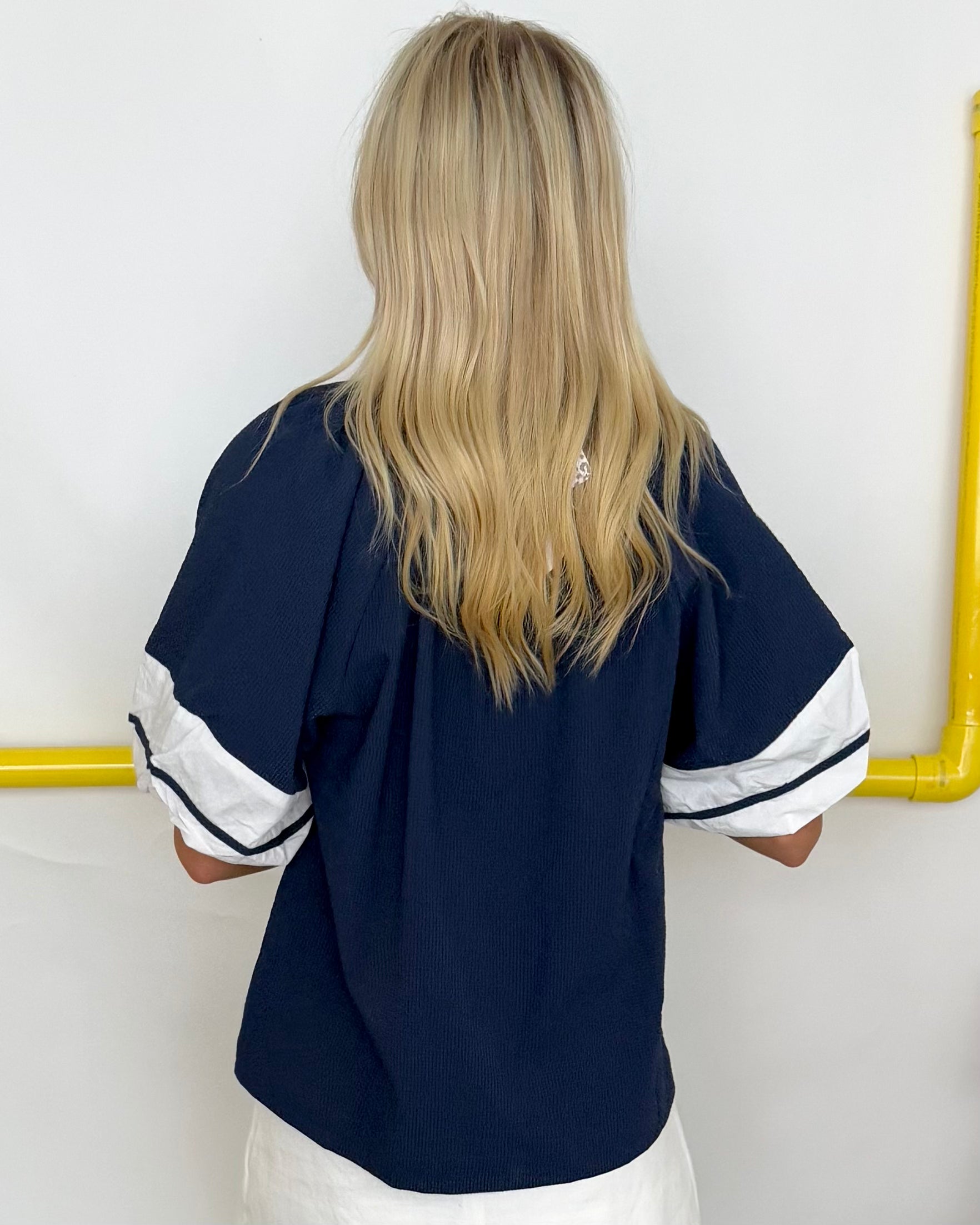 Effortlessly Navy Textured Contrast Top-Shop-Womens-Boutique-Clothing