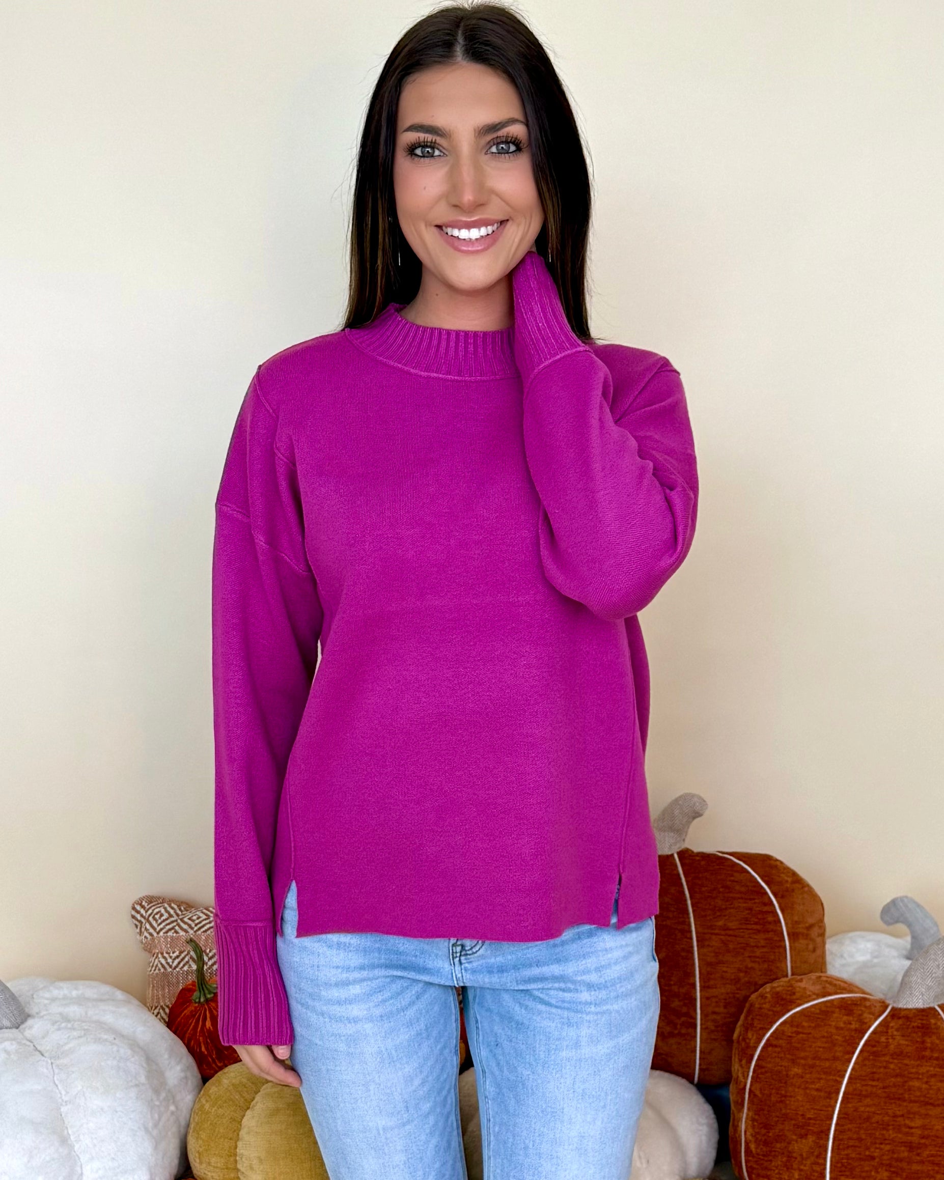Just A Feeling Magenta Mock Neck Sweater-Shop-Womens-Boutique-Clothing