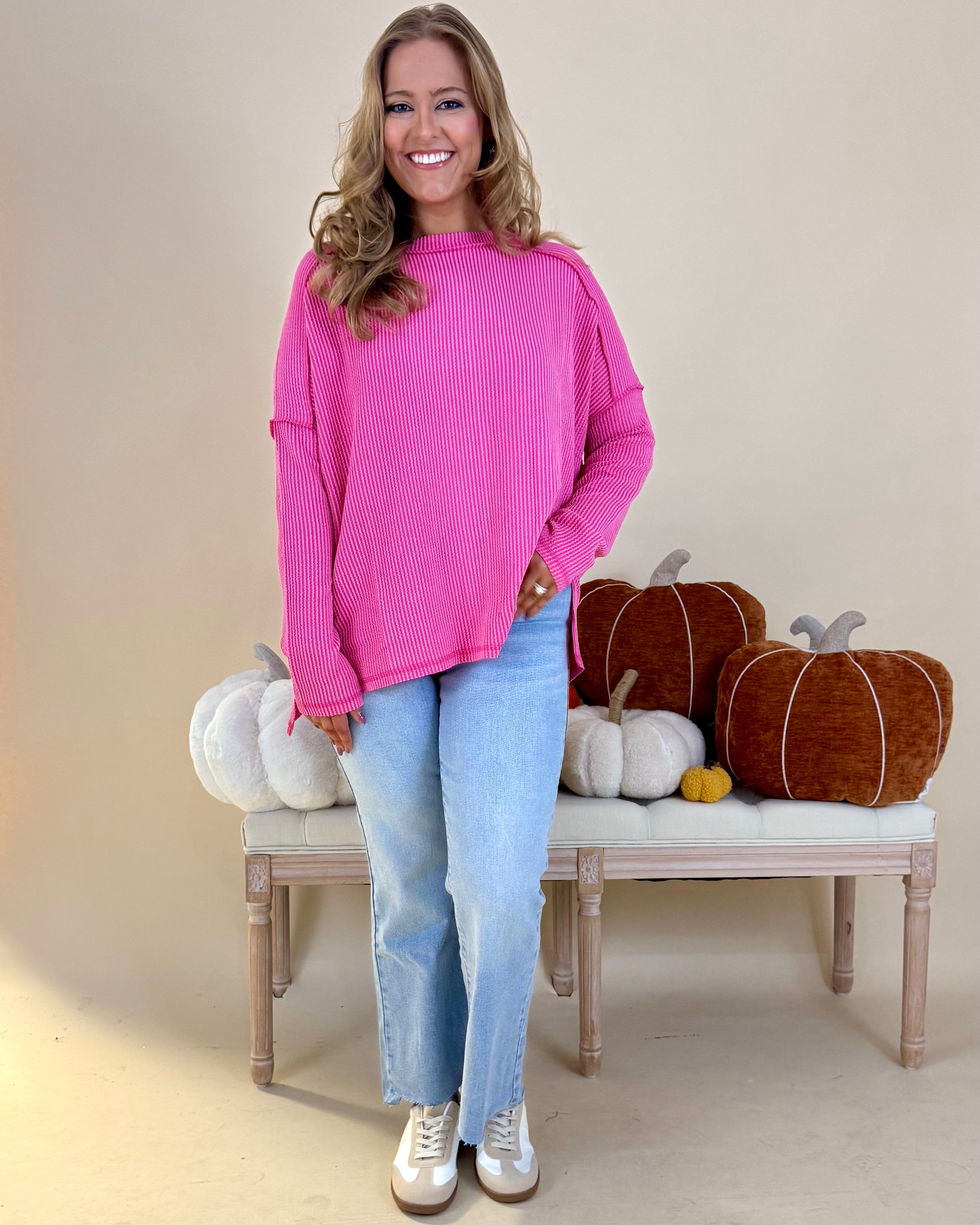 Relaxed Fuchsia Plus Rib Raw Edge Top-Shop-Womens-Boutique-Clothing