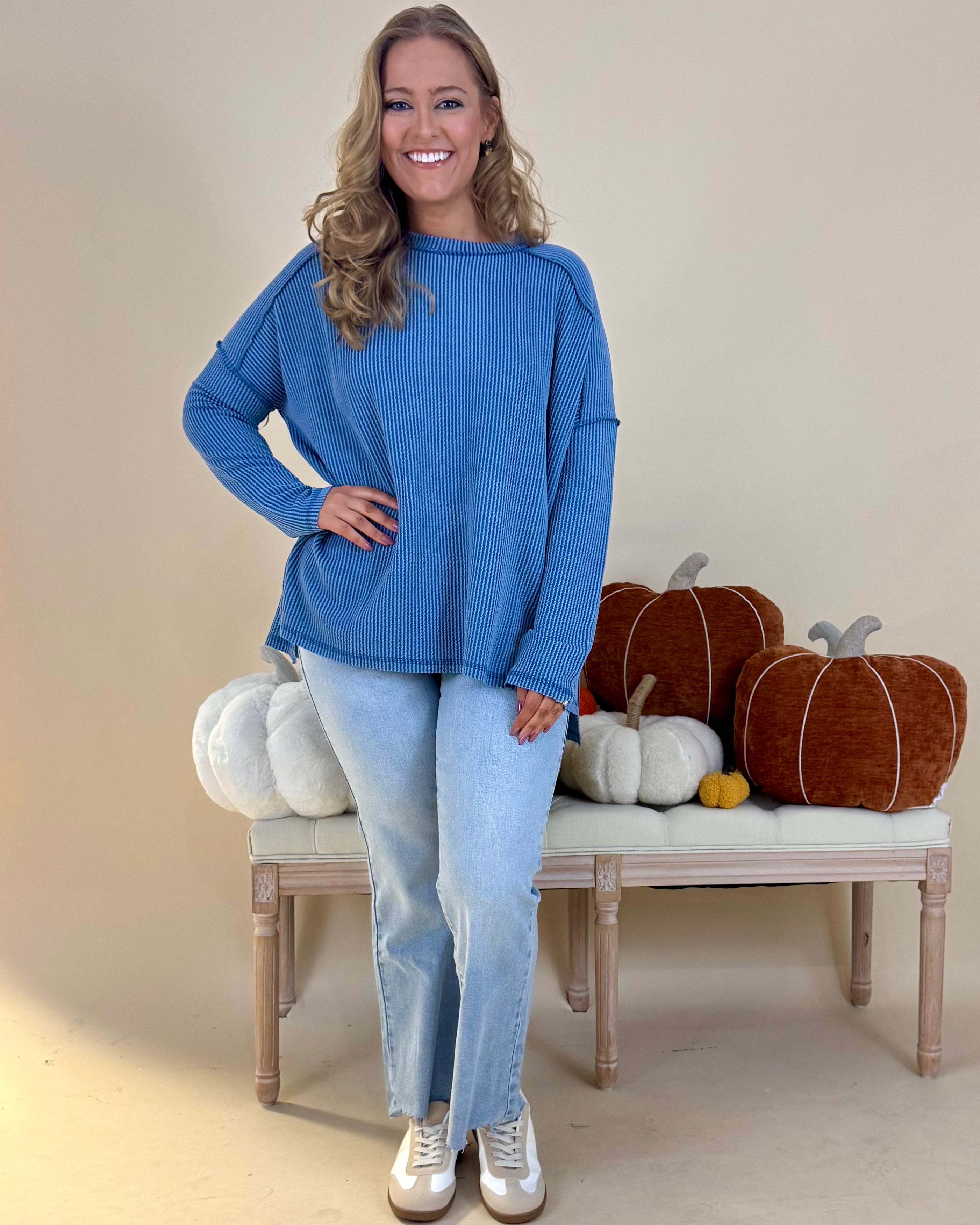 Relaxed Dusty Blue Plus Rib Raw Edge Top-Shop-Womens-Boutique-Clothing