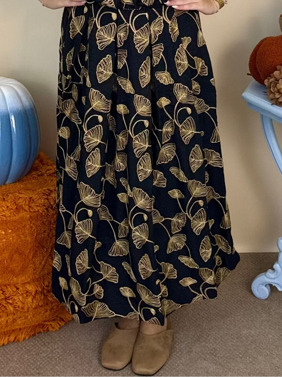 In Good Taste Black Embroidered Pleated A-Line Midi Skirt-Shop-Womens-Boutique-Clothing