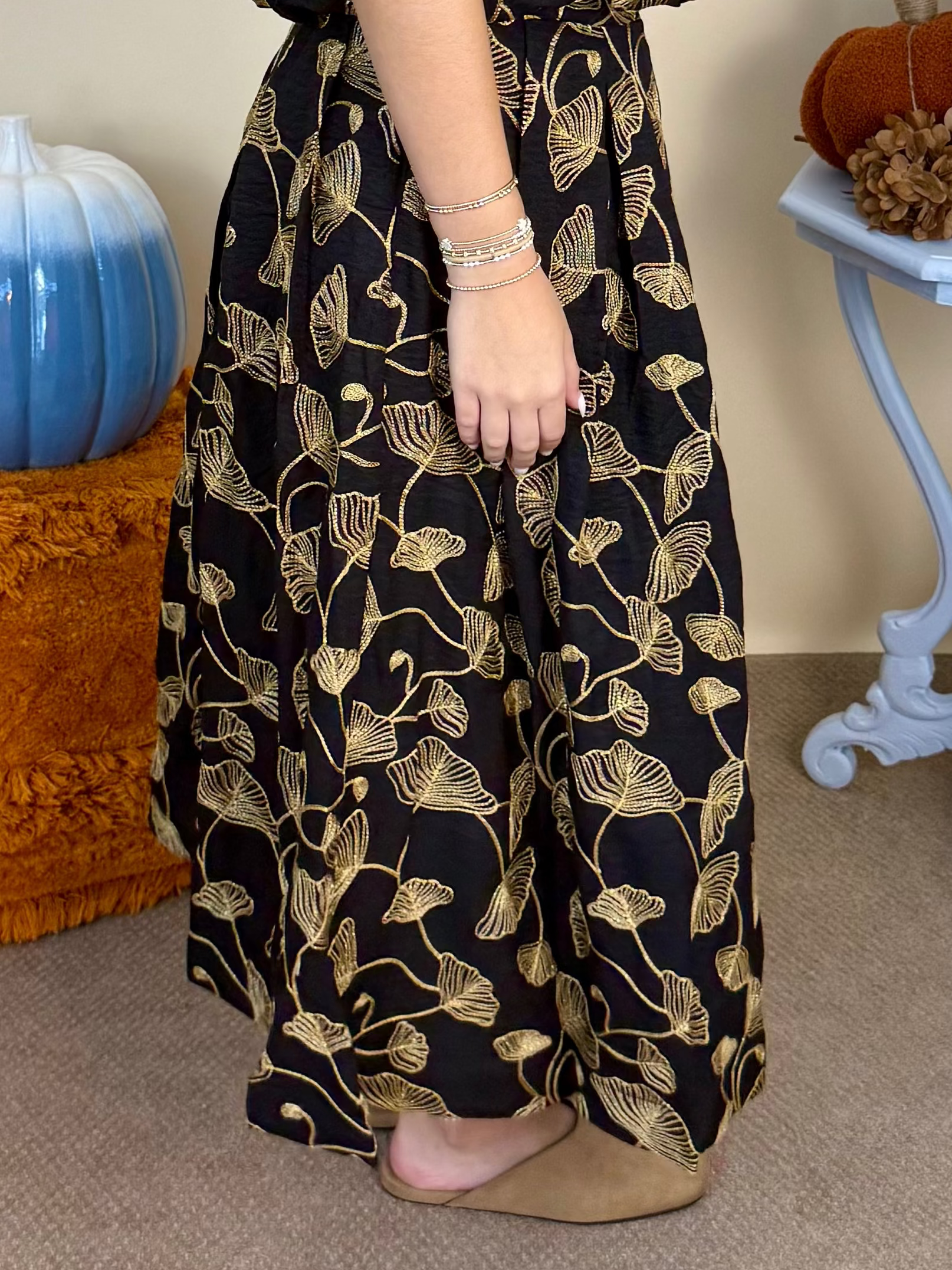 In Good Taste Black Embroidered Pleated A-Line Midi Skirt-Shop-Womens-Boutique-Clothing