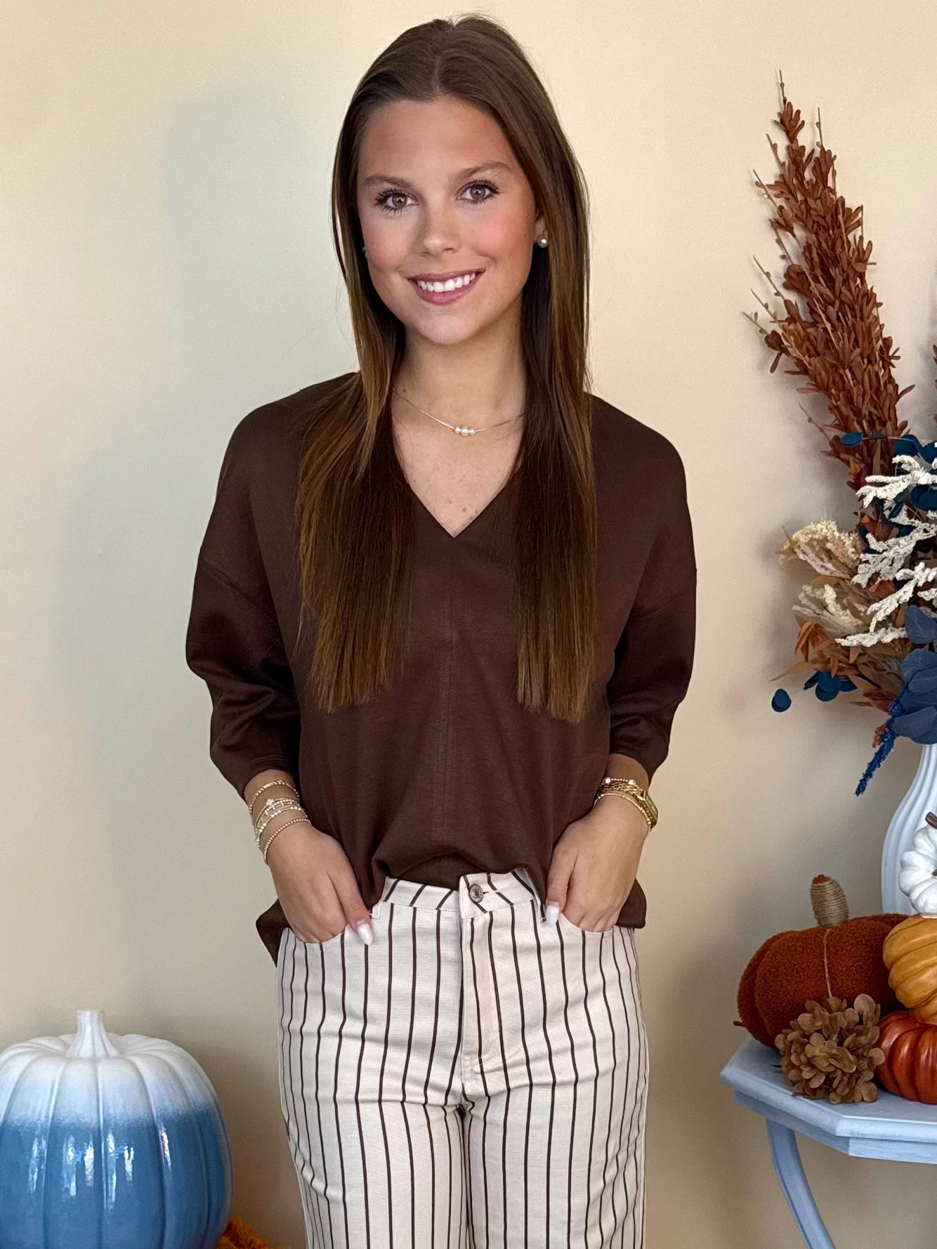More Than A Feeling Brown Textured V-Neck Top-Shop-Womens-Boutique-Clothing