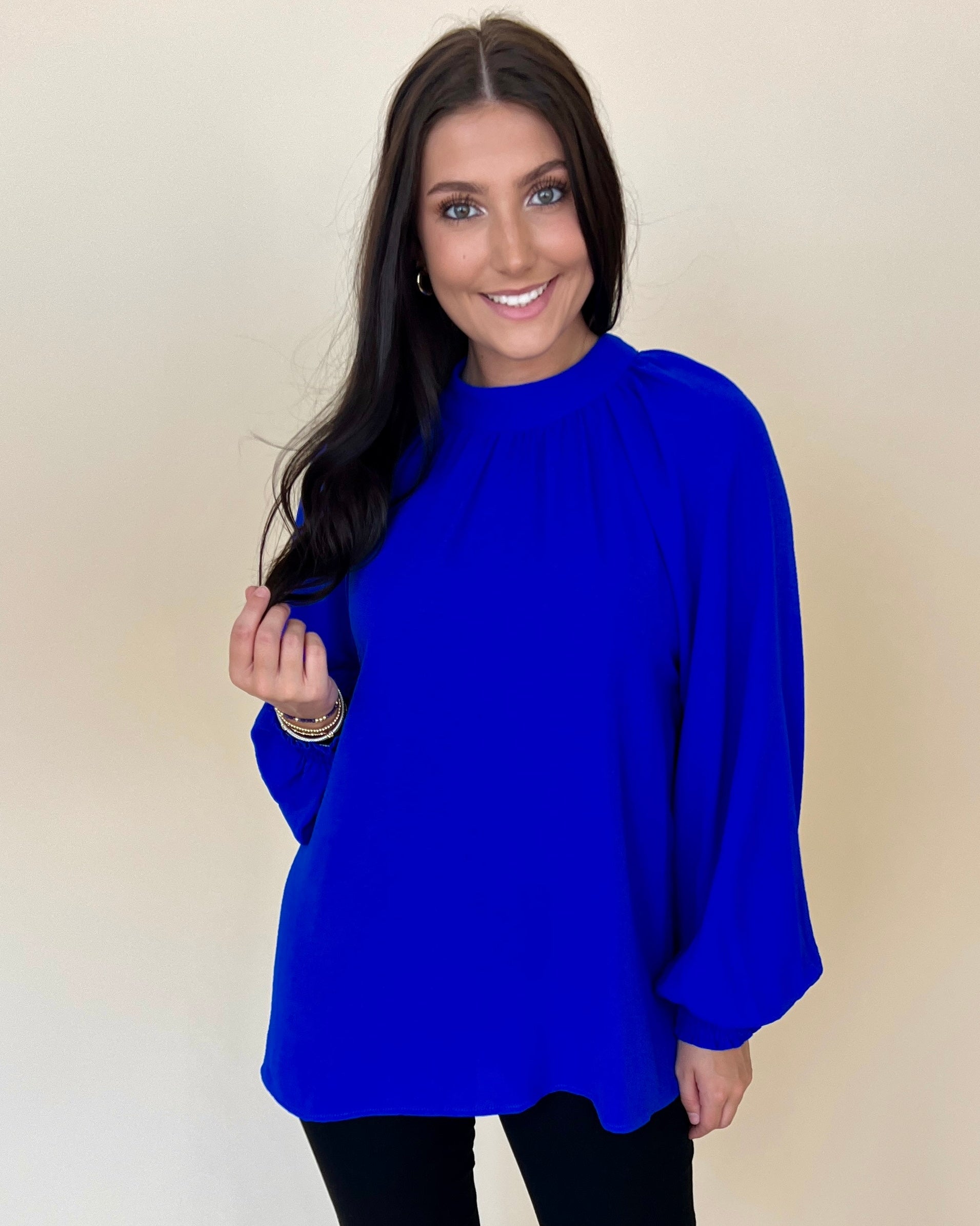 Fine Example Royal Blue Smocked Sleeve Top-Shop-Womens-Boutique-Clothing