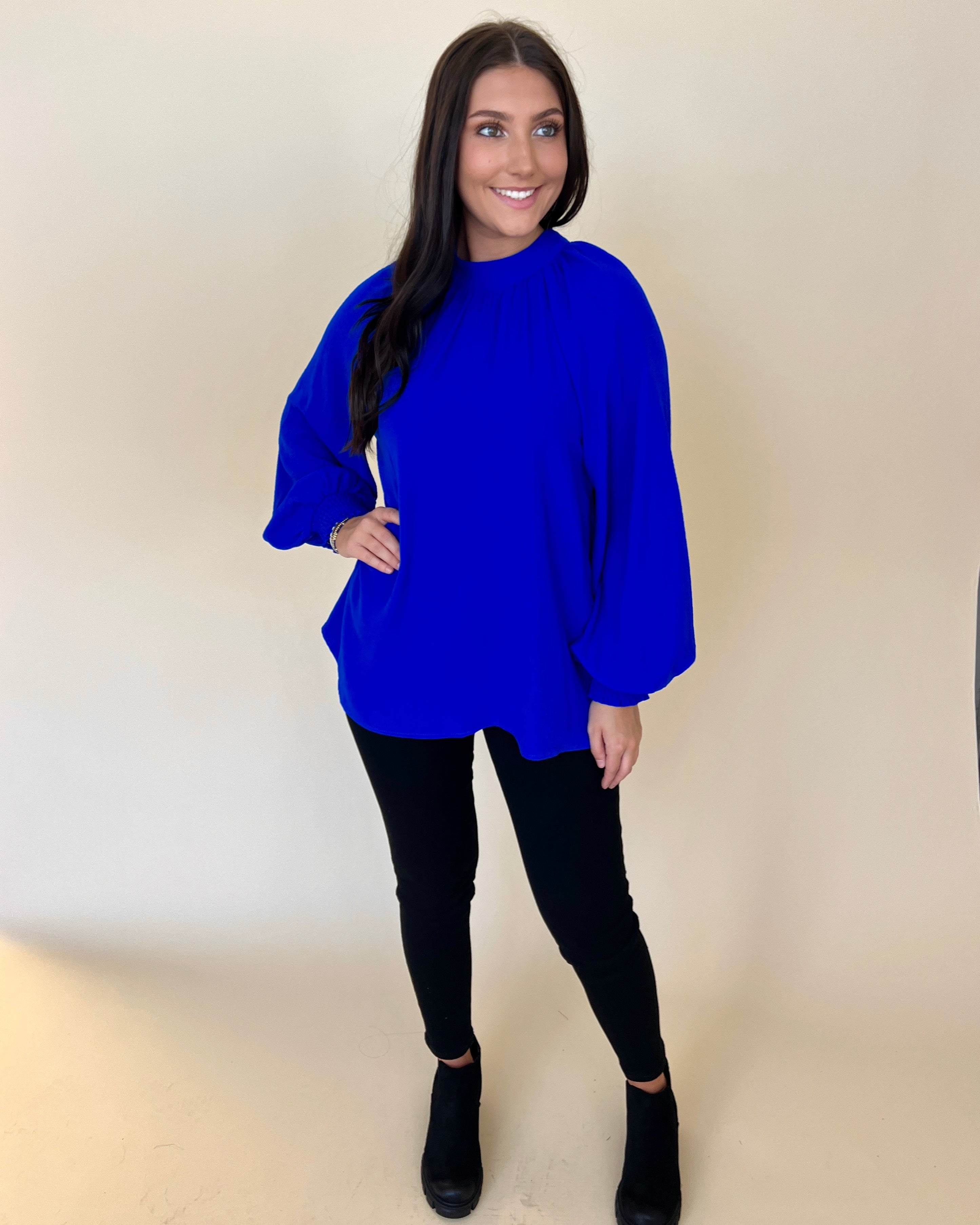 Fine Example Royal Blue Smocked Sleeve Top-Shop-Womens-Boutique-Clothing