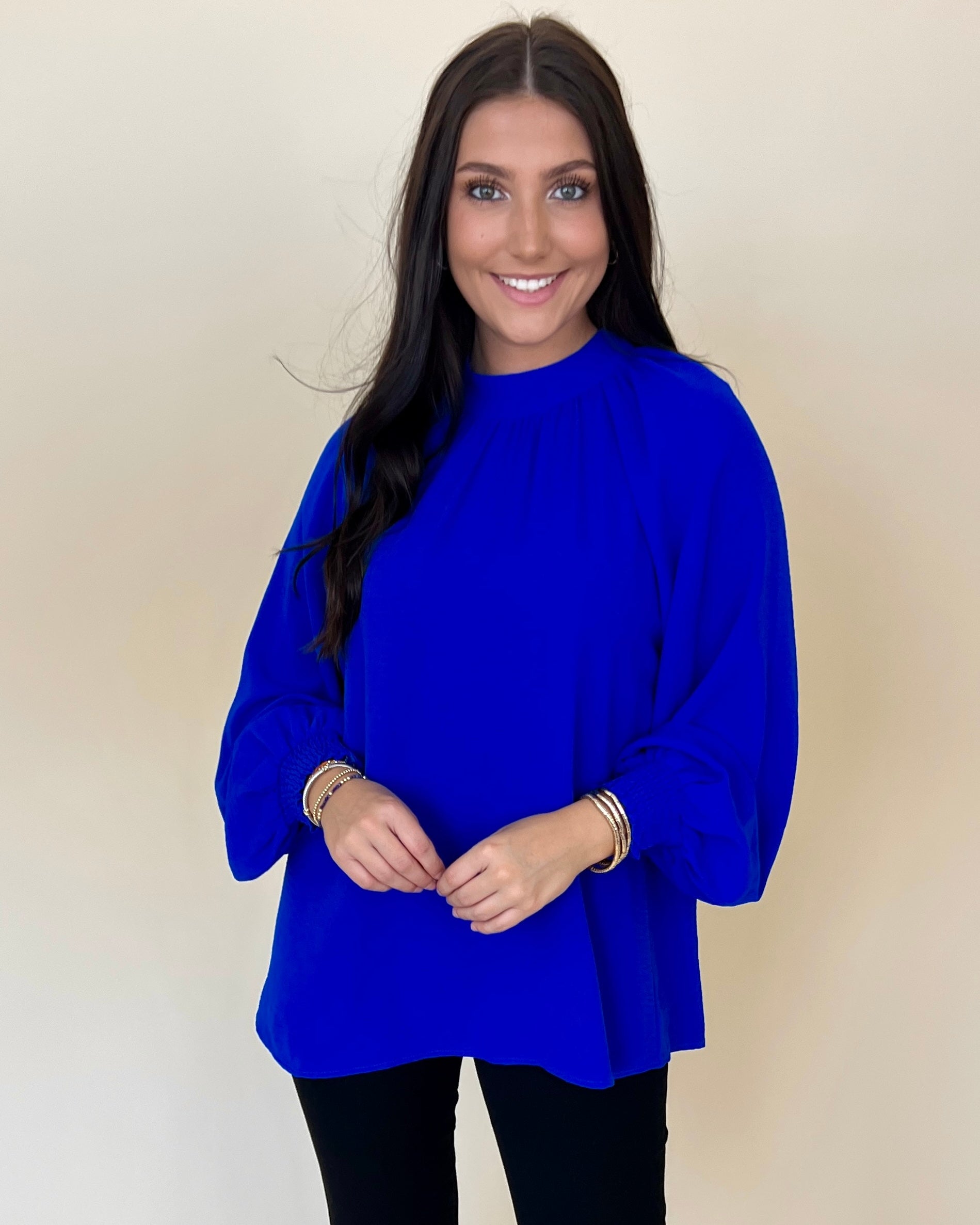 Fine Example Royal Blue Smocked Sleeve Top-Shop-Womens-Boutique-Clothing