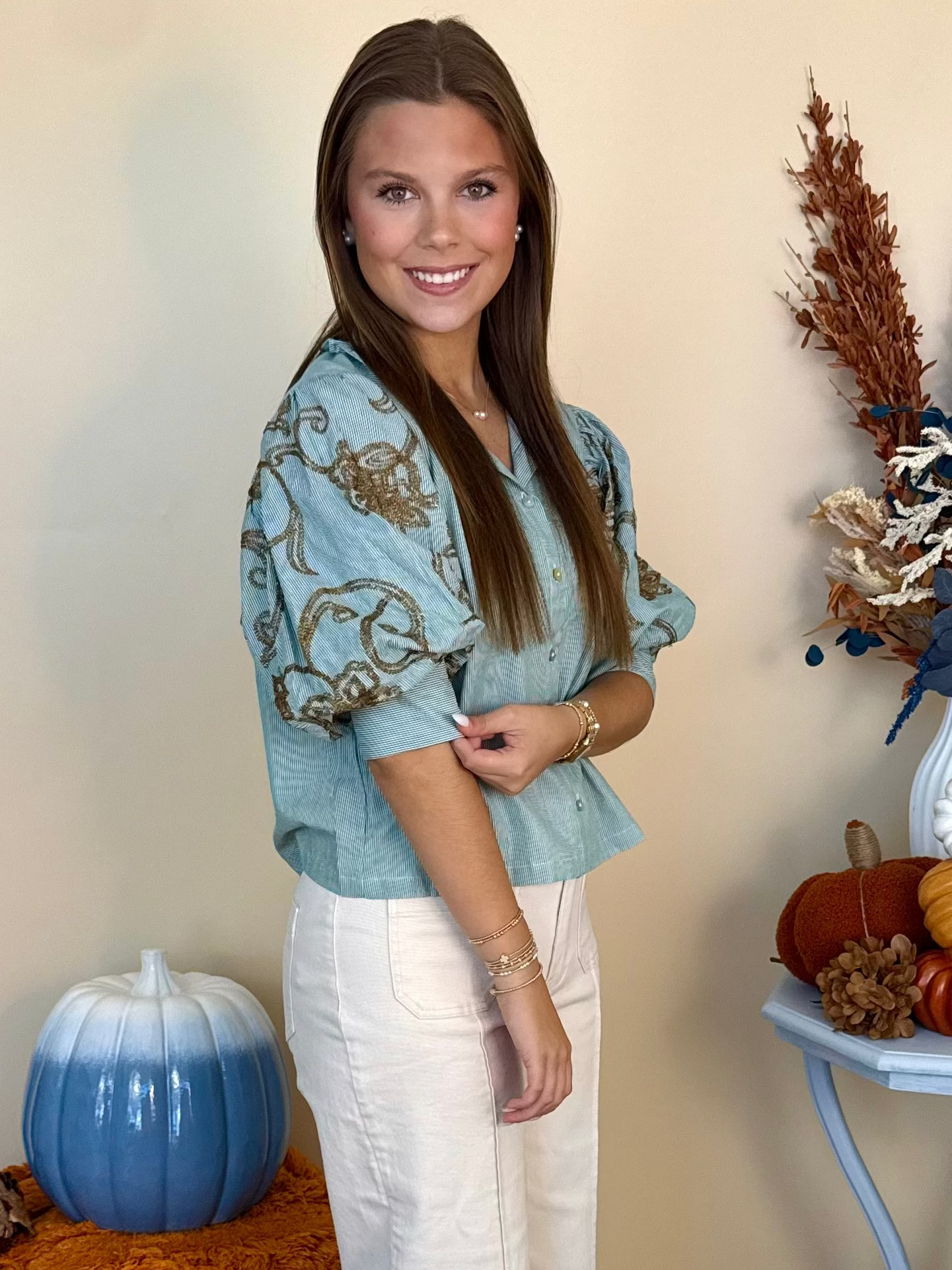 Perfectly in Place Green Embroidered Puff Sleeve Top-Shop-Womens-Boutique-Clothing
