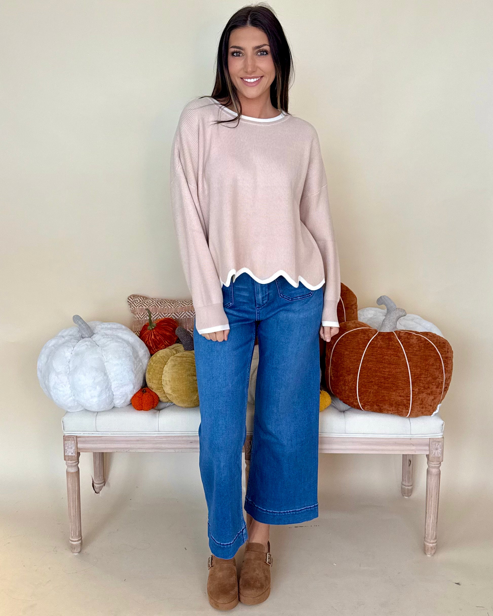 With That Said Taupe/Cream Scallop Sweater-Shop-Womens-Boutique-Clothing