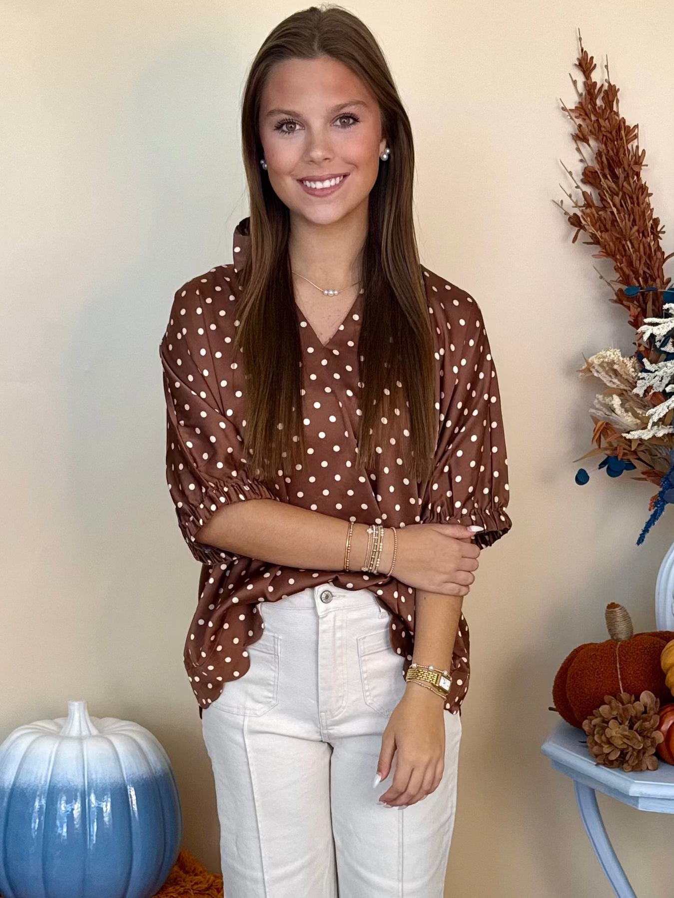 Sweet Retreat Toffee Polka Dot Dolman Sleeve Top-Shop-Womens-Boutique-Clothing