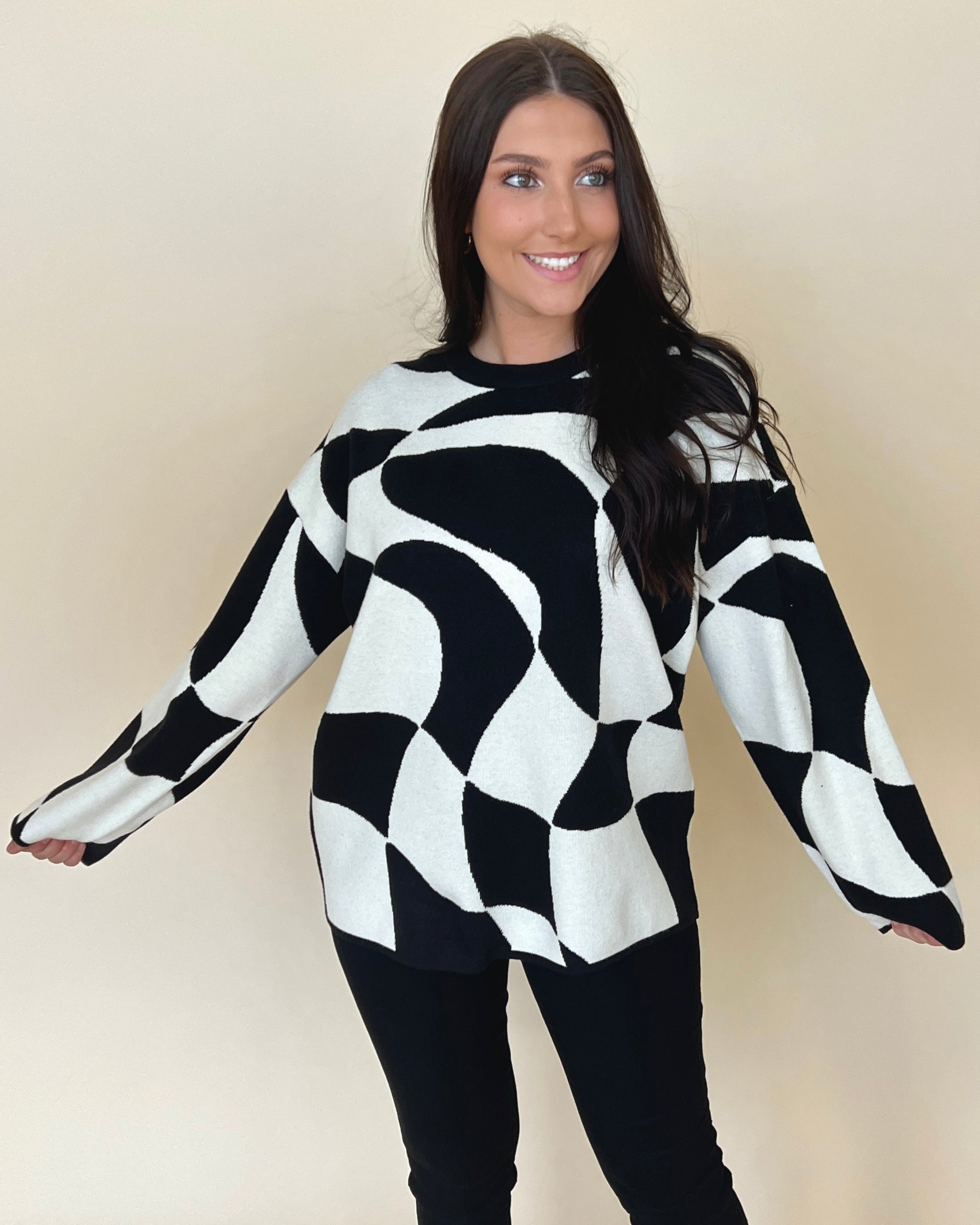 A Lifetime Black Off White Abstract Checkered Sweater-Shop-Womens-Boutique-Clothing