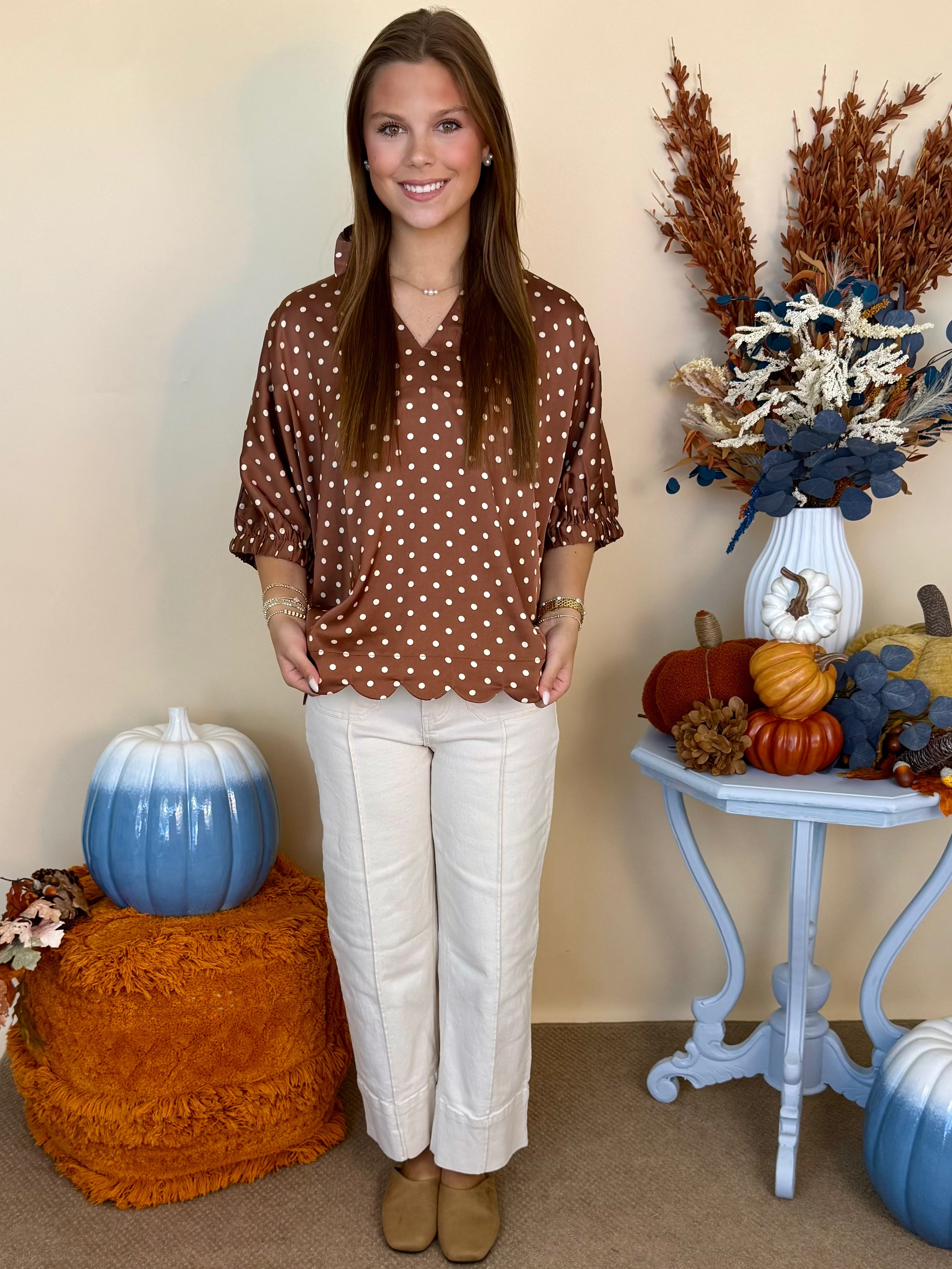 Sweet Retreat Toffee Polka Dot Dolman Sleeve Top-Shop-Womens-Boutique-Clothing