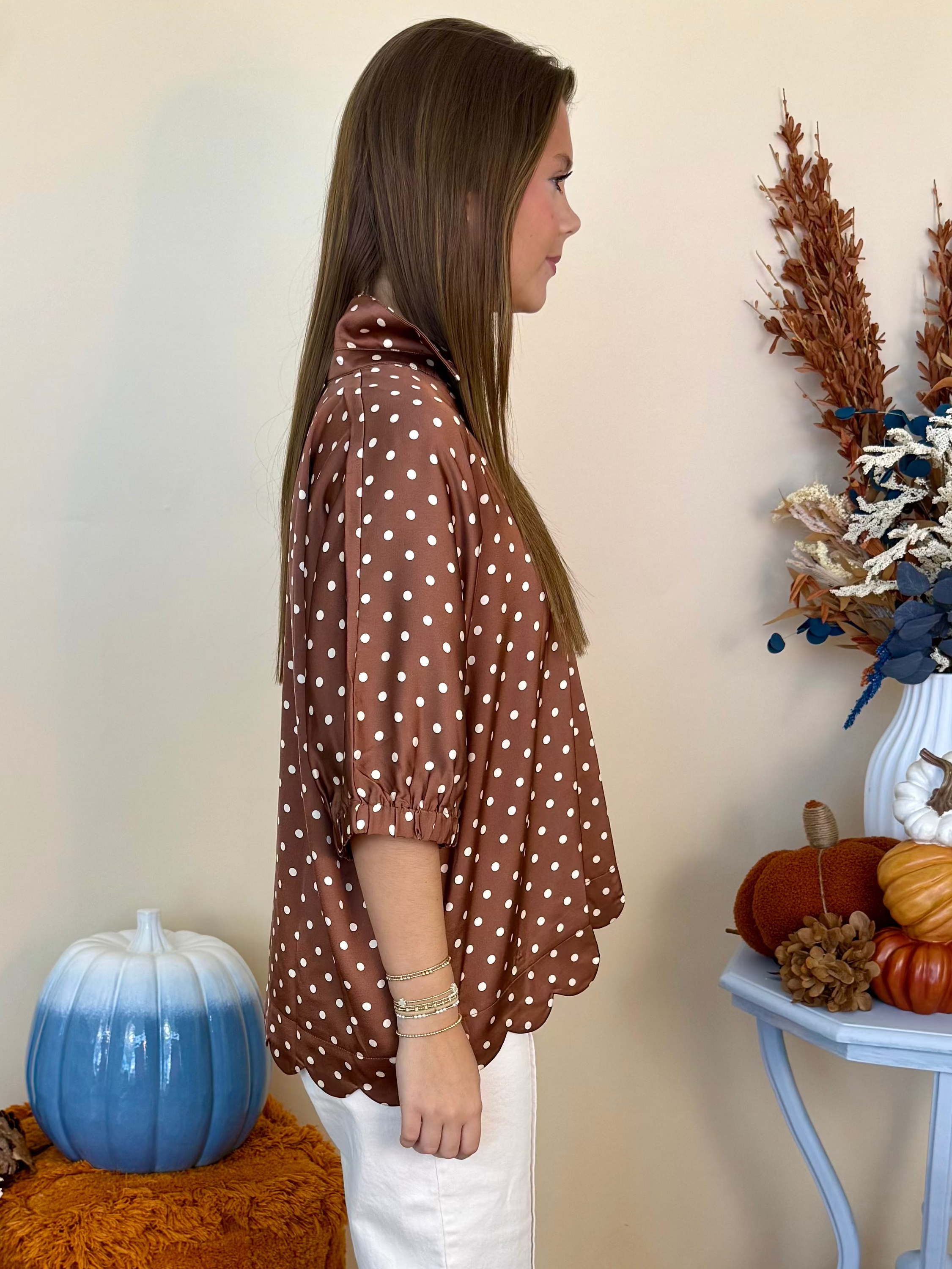 Sweet Retreat Toffee Polka Dot Dolman Sleeve Top-Shop-Womens-Boutique-Clothing