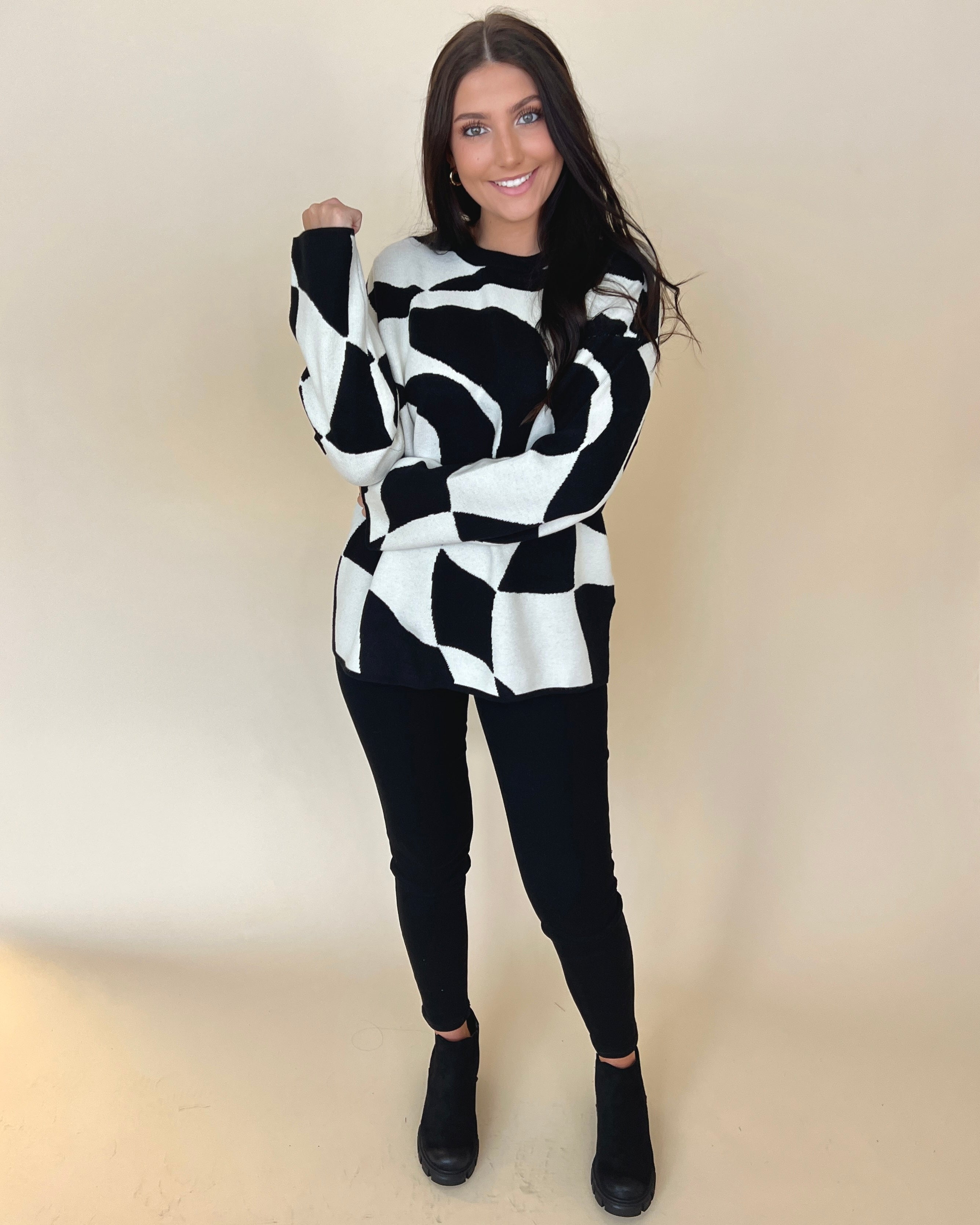 A Lifetime Black Off White Abstract Checkered Sweater-Shop-Womens-Boutique-Clothing