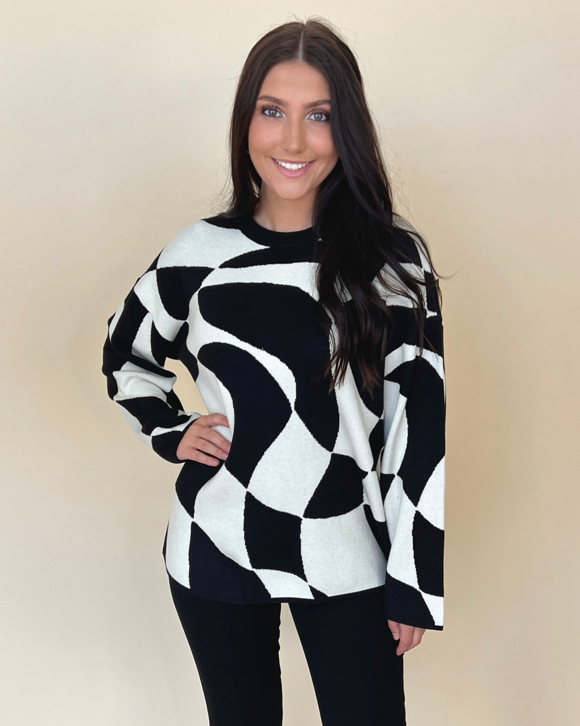A Lifetime Black Off White Abstract Checkered Sweater-Shop-Womens-Boutique-Clothing