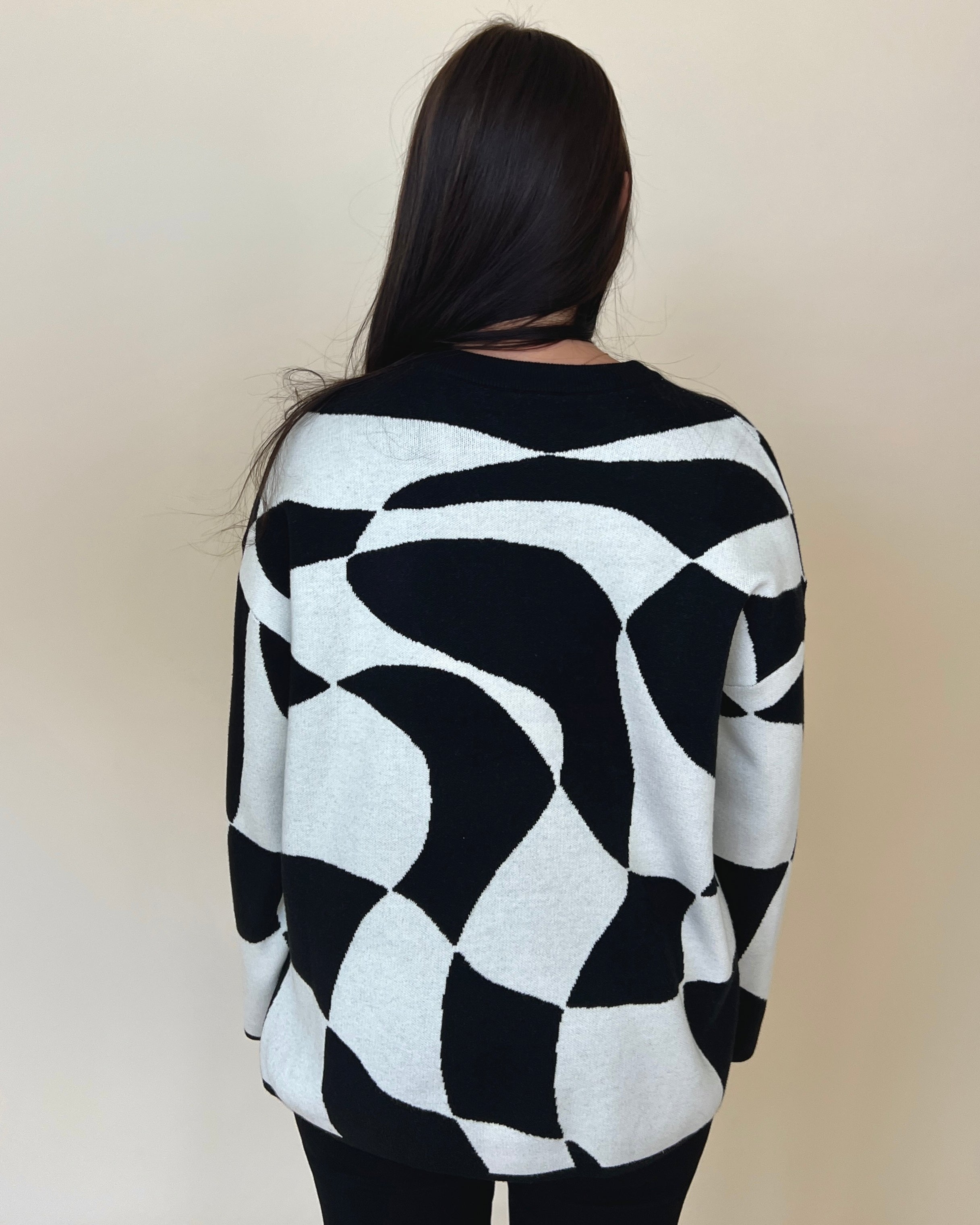 A Lifetime Black Off White Abstract Checkered Sweater-Shop-Womens-Boutique-Clothing