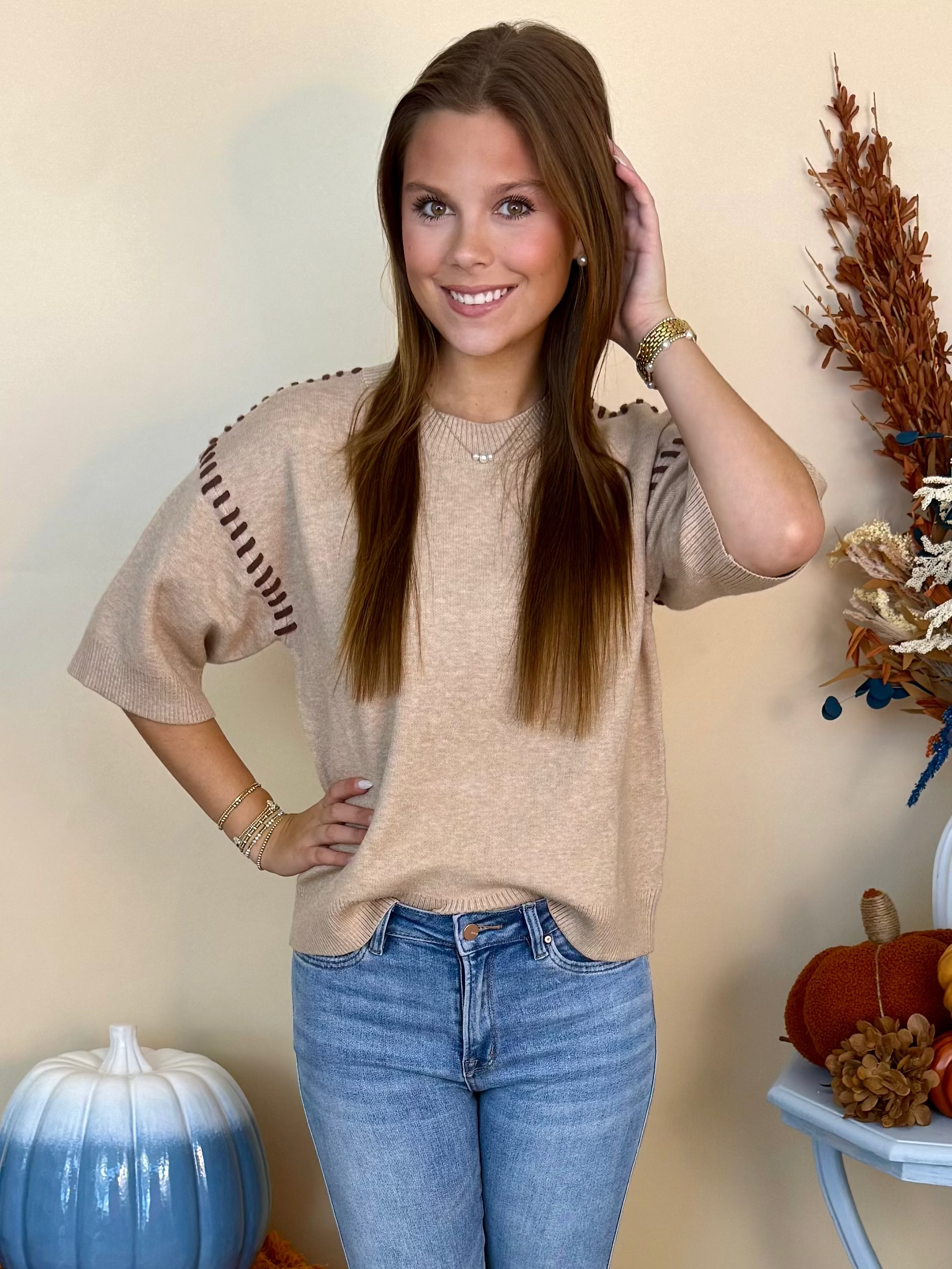 Seasonal Story Oatmeal Stitch Half Sleeve Sweater-Shop-Womens-Boutique-Clothing
