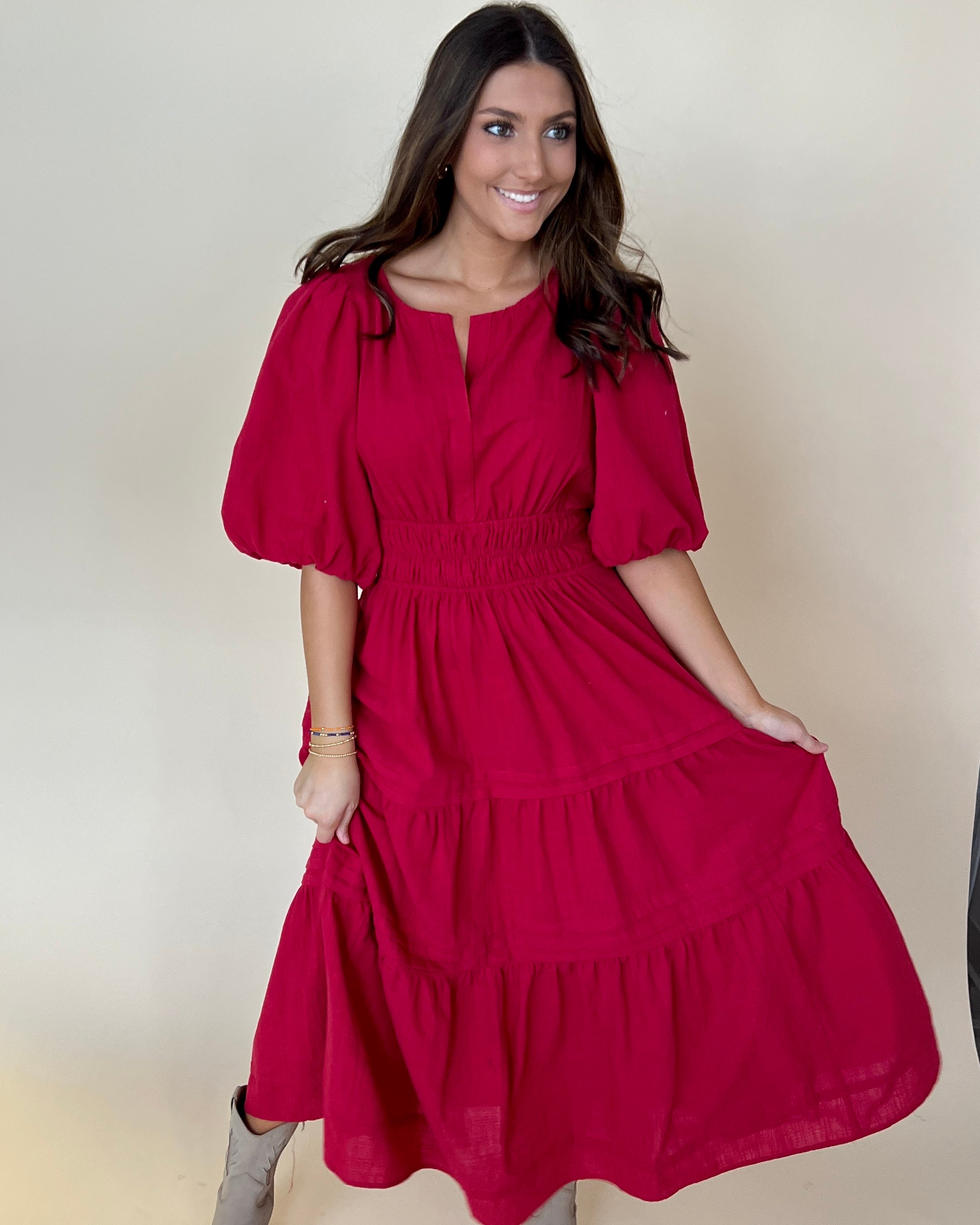 Complete Together Red Smocked Maxi Dress-Shop-Womens-Boutique-Clothing