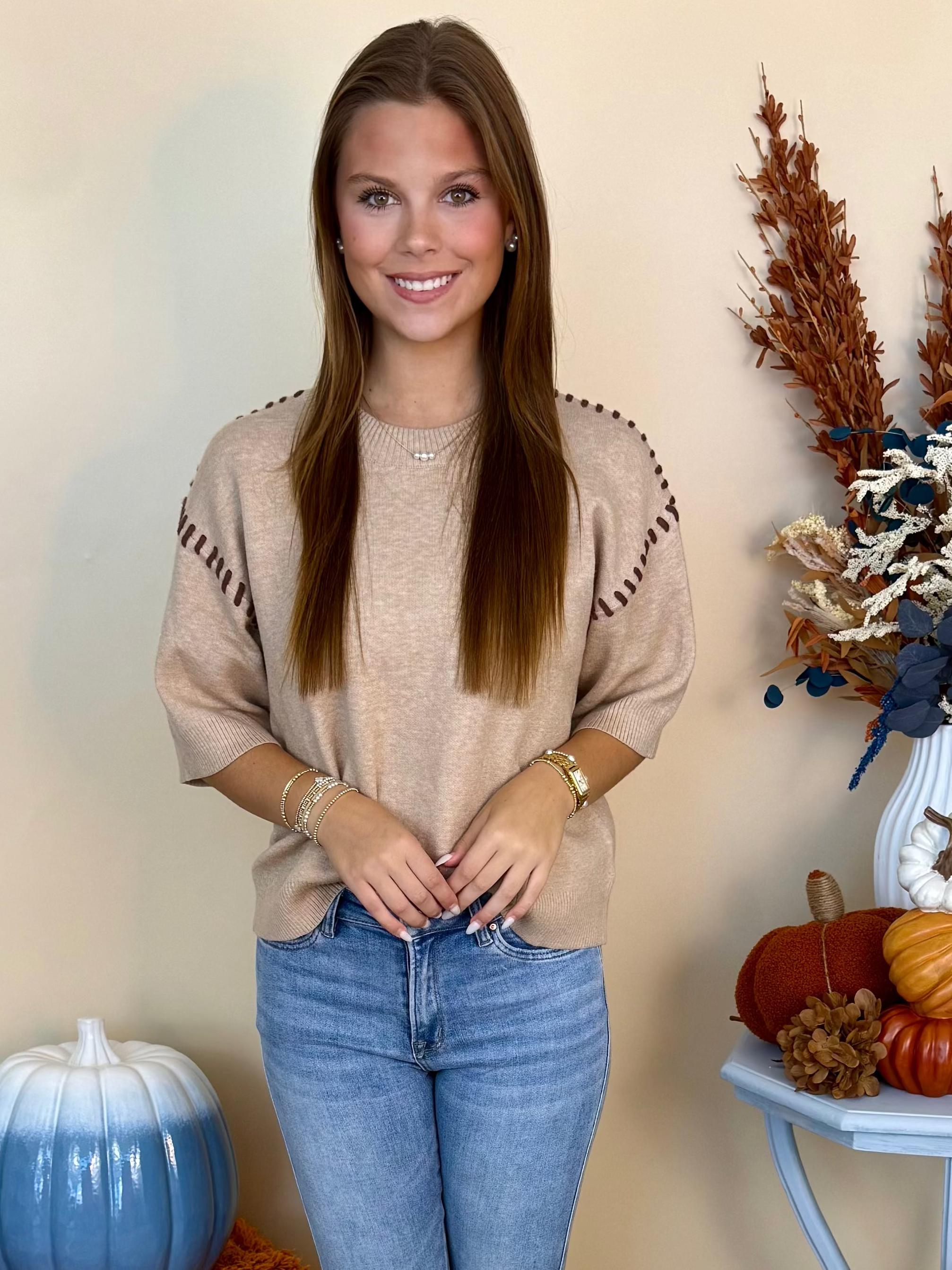 Seasonal Story Oatmeal Stitch Half Sleeve Sweater-Shop-Womens-Boutique-Clothing