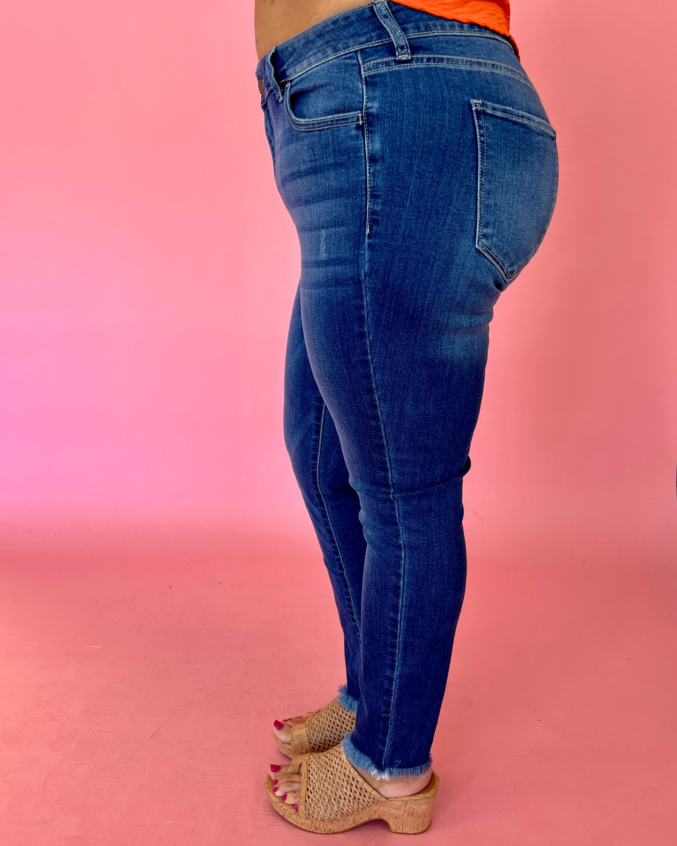 Uptown Brunch Plus Dark Denim Raw Hem Skinny Jeans-Shop-Womens-Boutique-Clothing