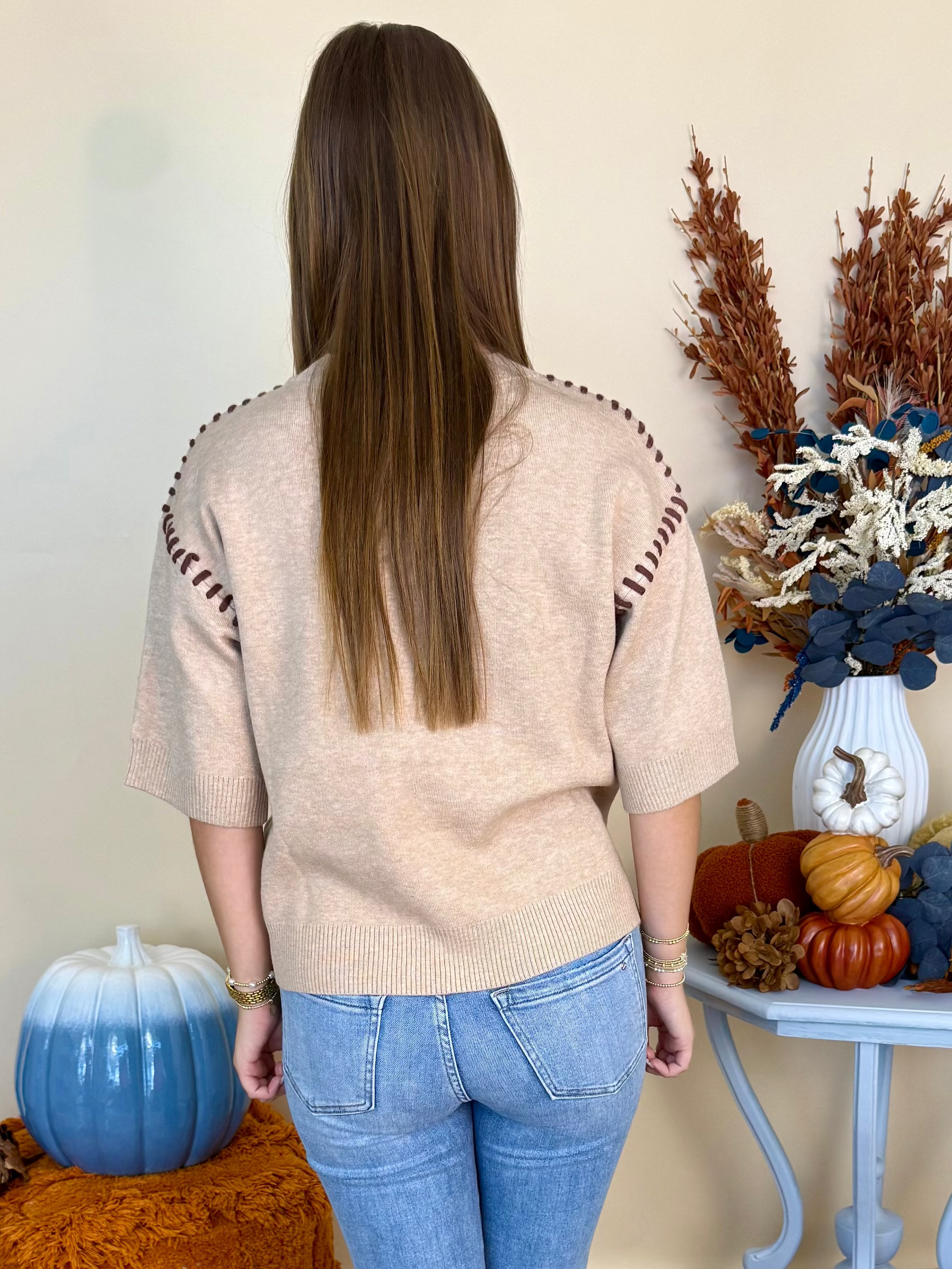 Seasonal Story Oatmeal Stitch Half Sleeve Sweater-Shop-Womens-Boutique-Clothing