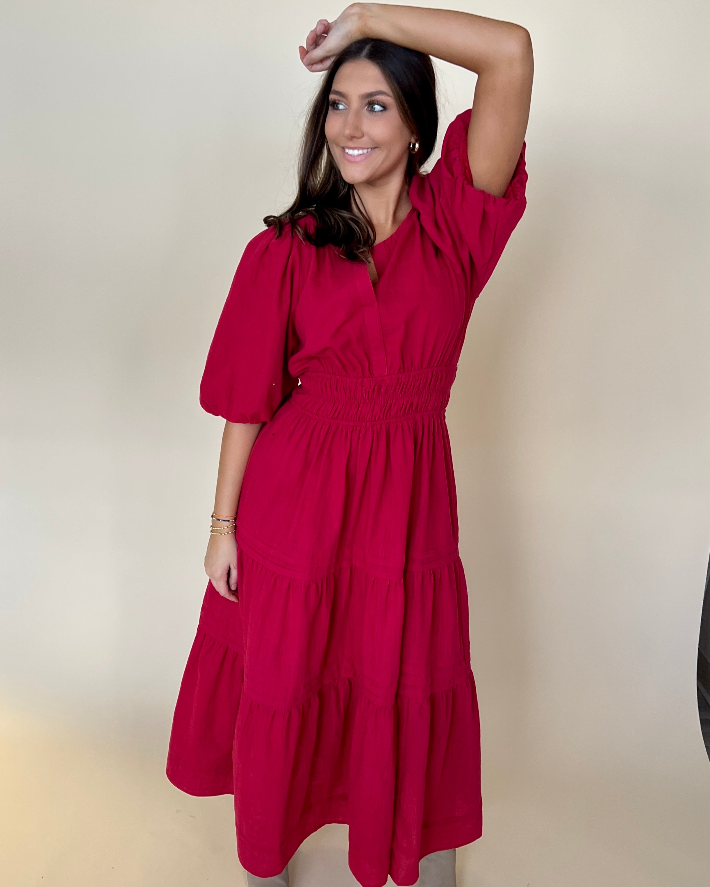 Complete Together Red Smocked Maxi Dress-Shop-Womens-Boutique-Clothing