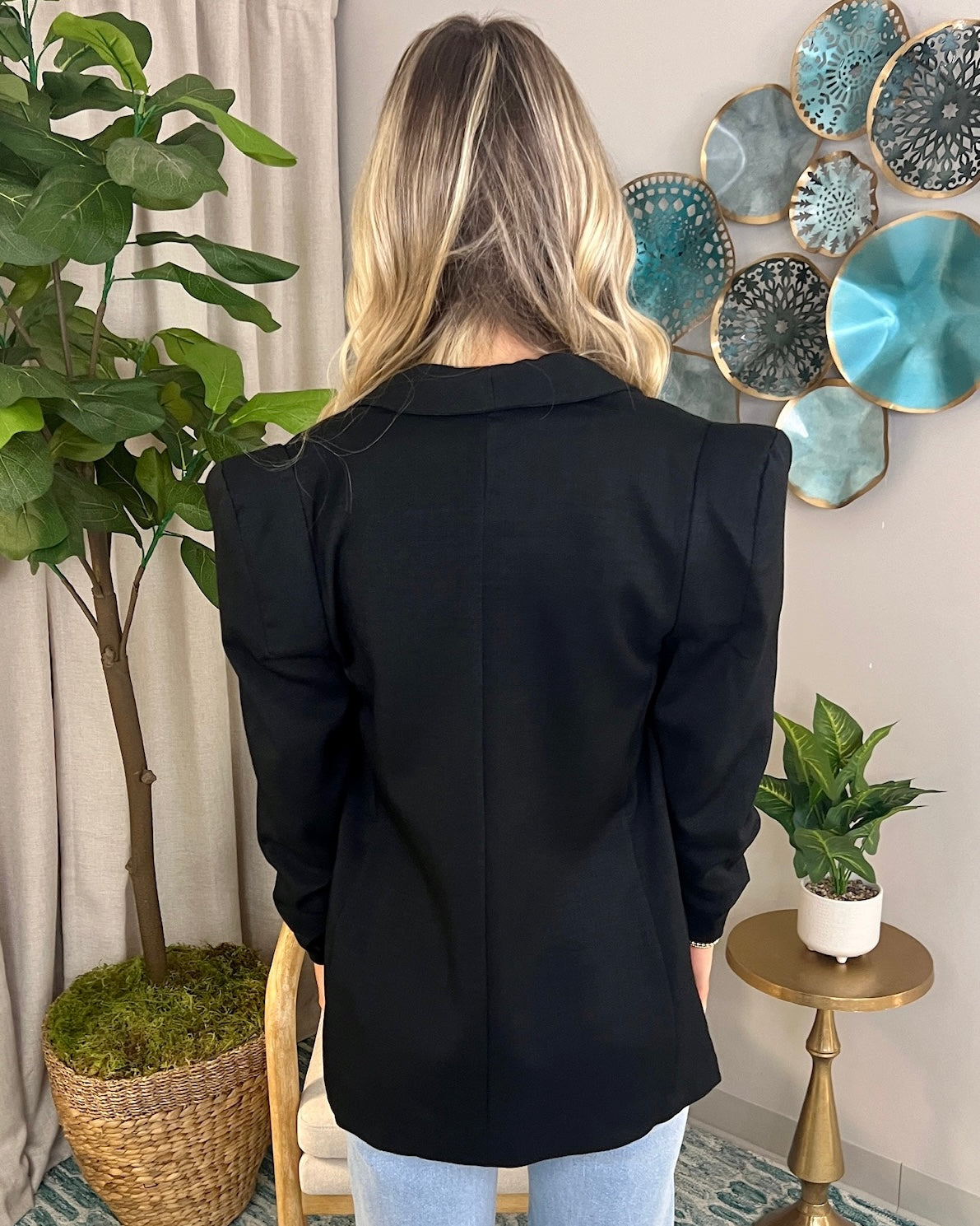 Front Row Black Scrunched Sleeve Blazer-Shop-Womens-Boutique-Clothing