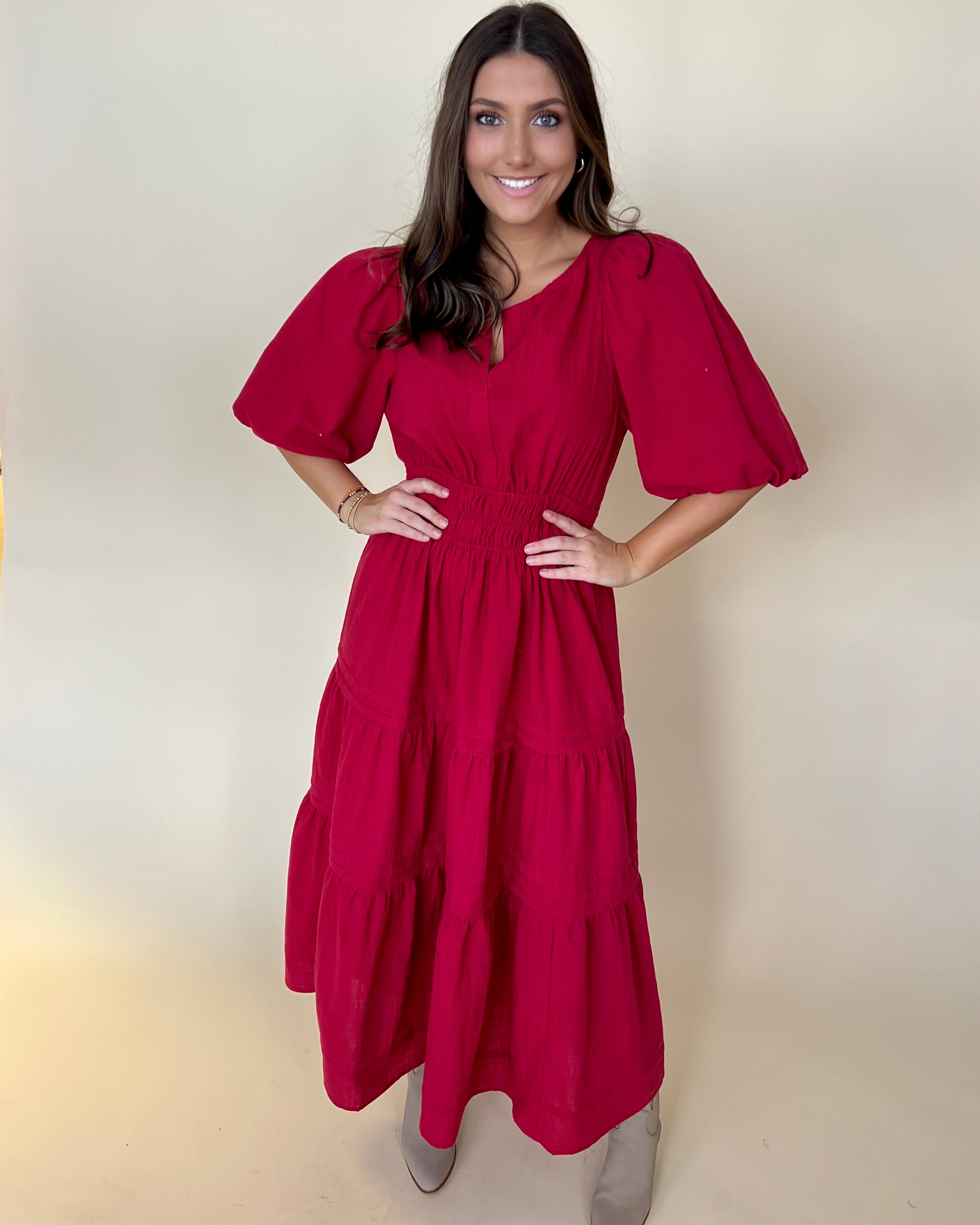 Complete Together Red Smocked Maxi Dress-Shop-Womens-Boutique-Clothing