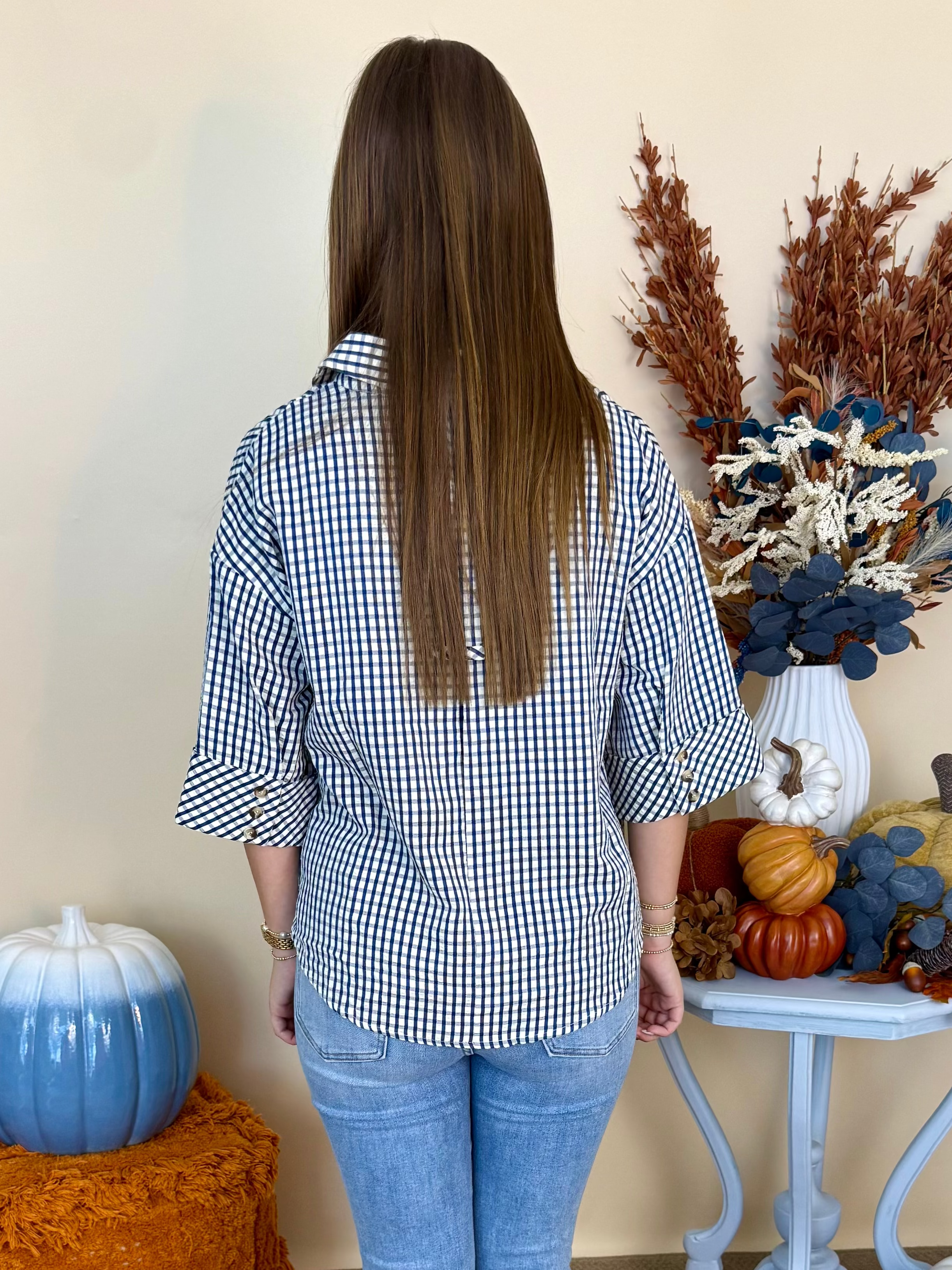 Just Enough Navy Gingham 3/4 Sleeve V-Neck Top-Shop-Womens-Boutique-Clothing