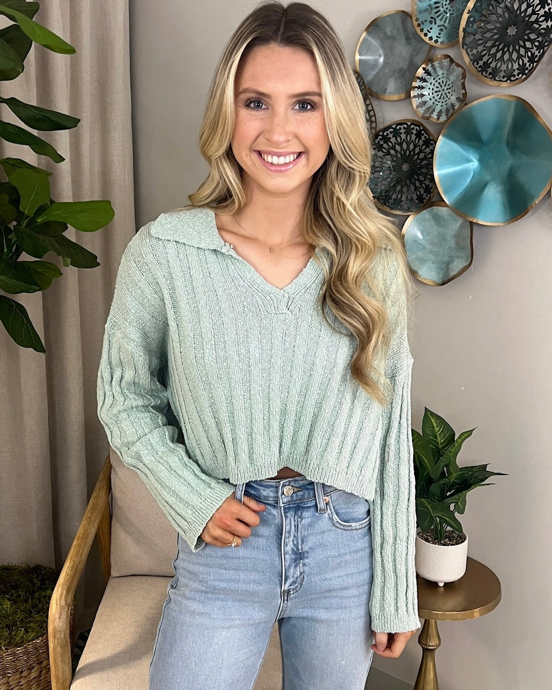It's Been Real Sea-foam Collared Crop Sweater-Shop-Womens-Boutique-Clothing