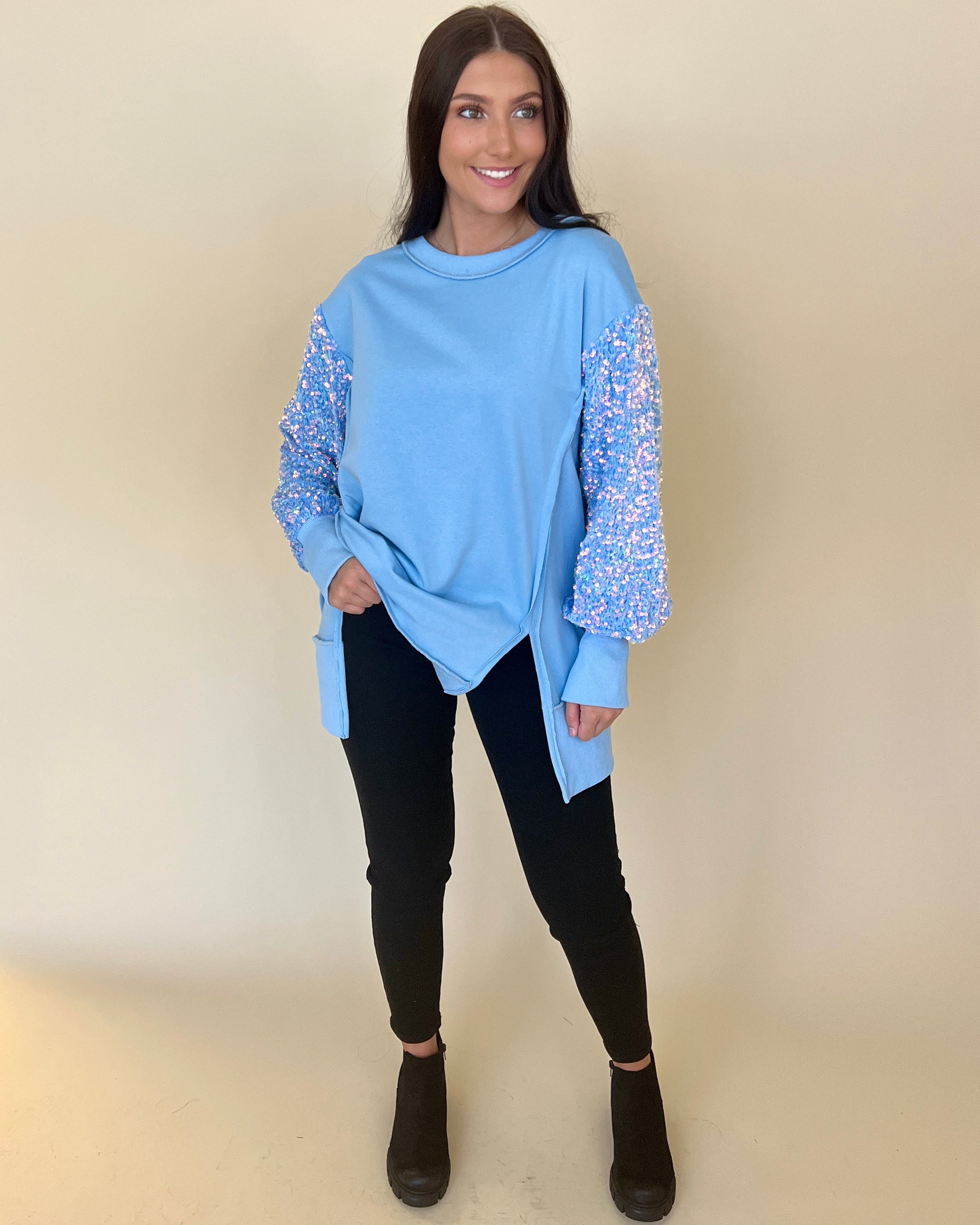 Bring The Drama Blue Sequins Sleeve Top-Shop-Womens-Boutique-Clothing