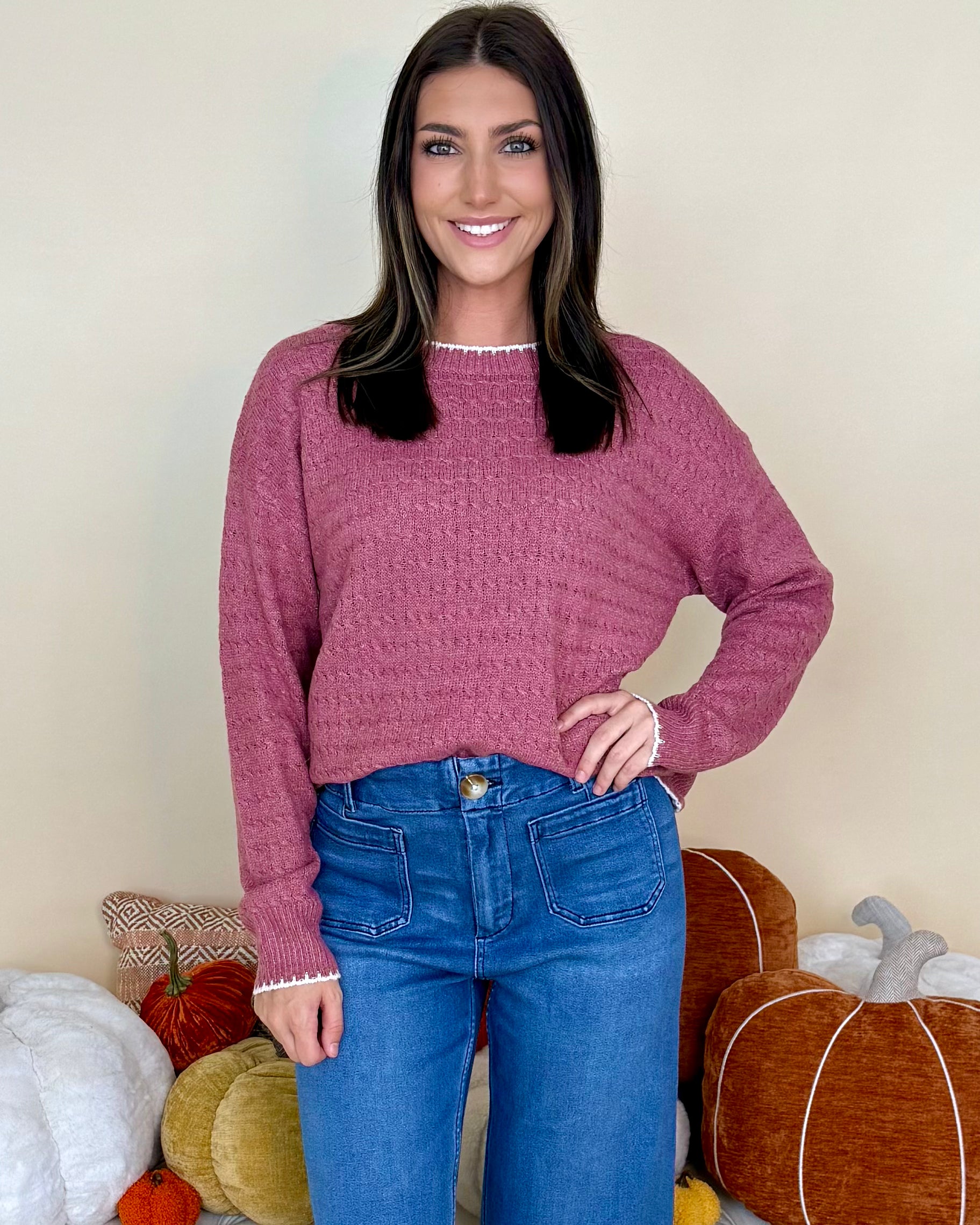 Doing My Best Rose Stitched Cable Sweater-Shop-Womens-Boutique-Clothing