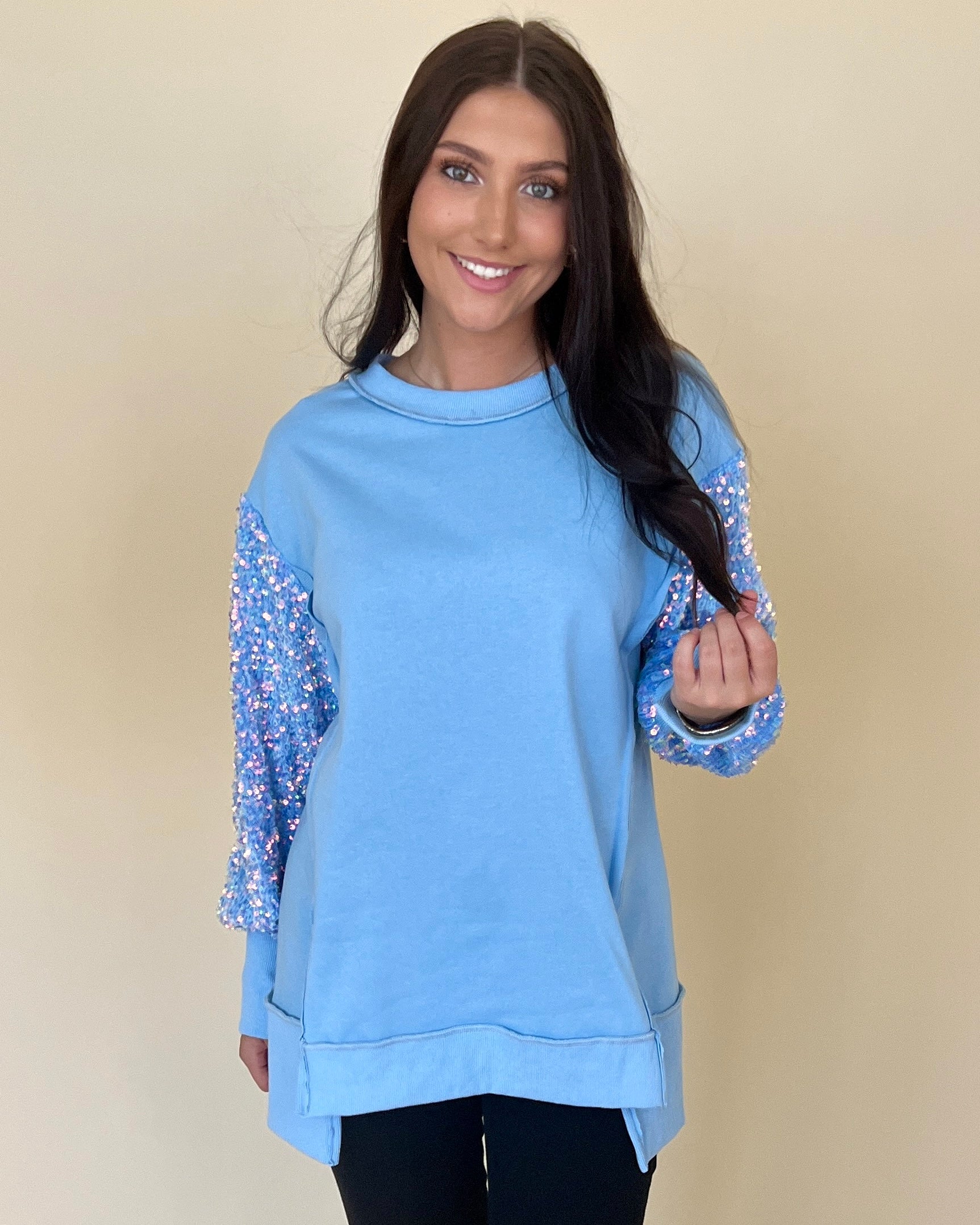 Bring The Drama Blue Sequins Sleeve Top-Shop-Womens-Boutique-Clothing