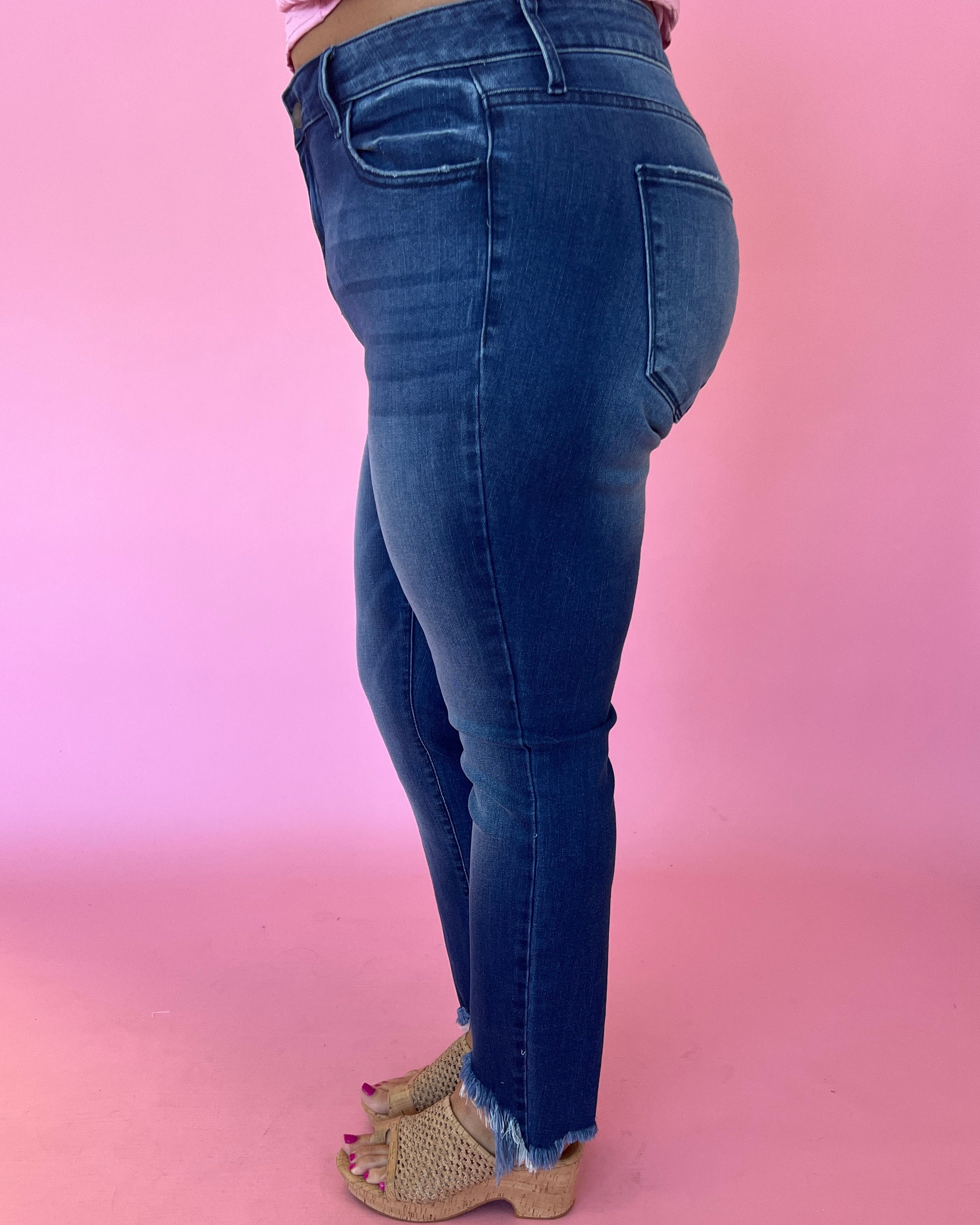 Can’t Make Me Plus Dark Denim Slanted Fray Hem Jeans-Shop-Womens-Boutique-Clothing