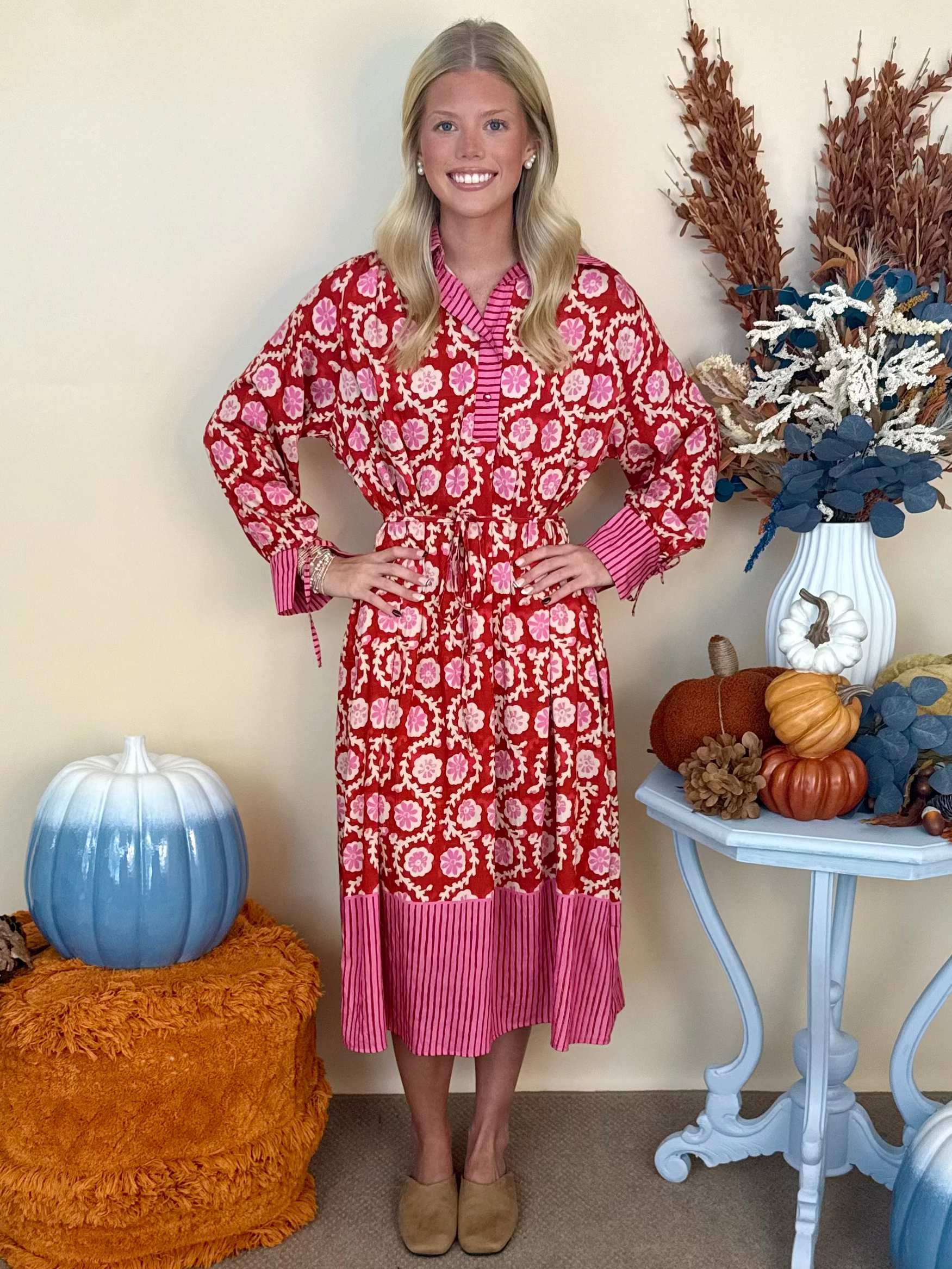 Along the Way Red Mixed Print 3/4 Sleeve Midi Dress-Shop-Womens-Boutique-Clothing